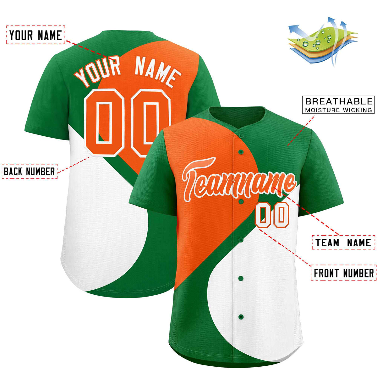 Custom Kelly Green Orange-White Color Block Personalized Half Heart Pattern Authentic Baseball Jersey