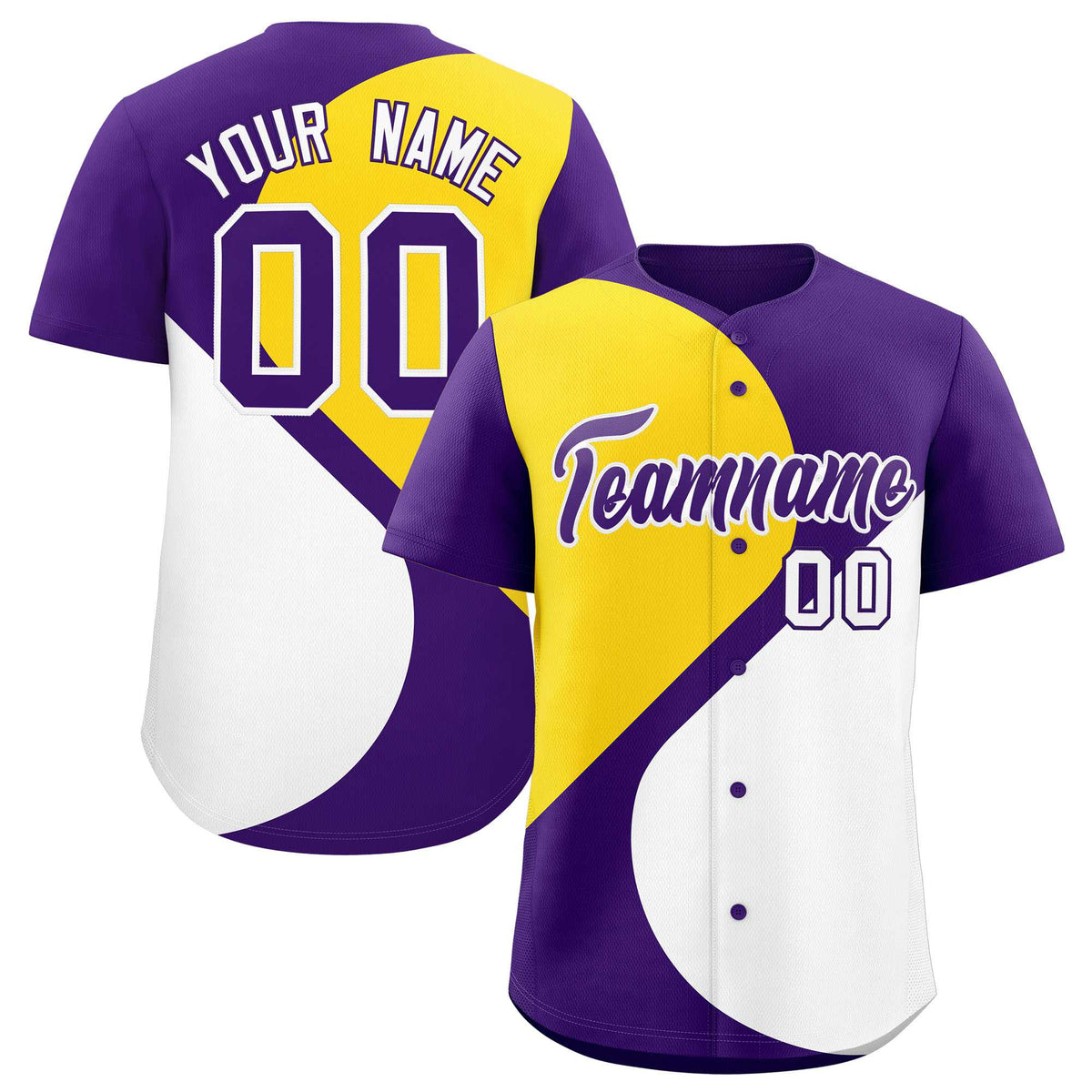 Custom Purple Gold-White Color Block Personalized Half Heart Pattern Authentic Baseball Jersey