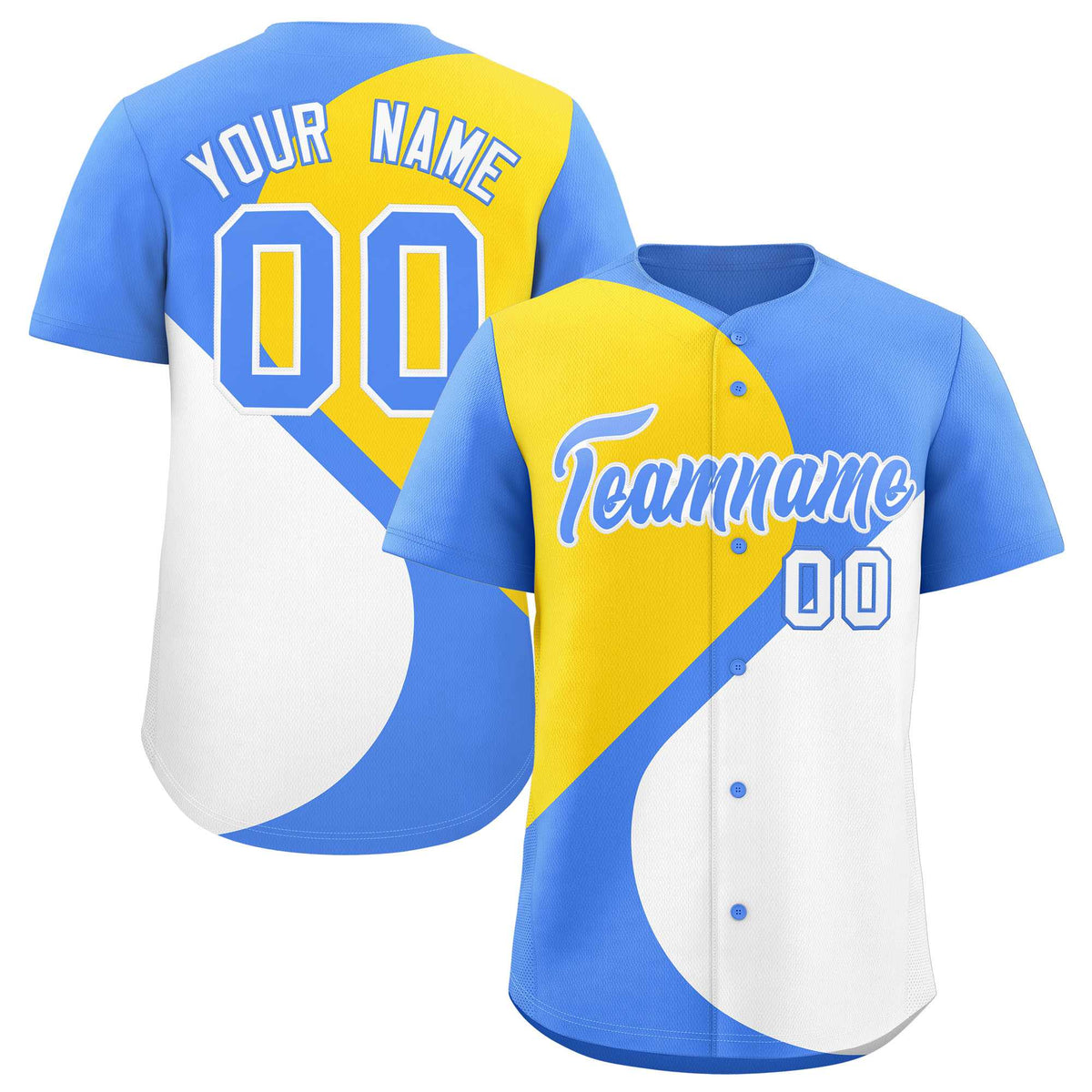 Custom Powder Blue Gold-White Color Block Personalized Half Heart Pattern Authentic Baseball Jersey