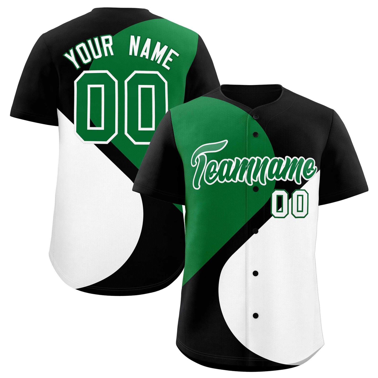 Custom Black Kelly Green-White Color Block Personalized Half Heart Pattern Authentic Baseball Jersey