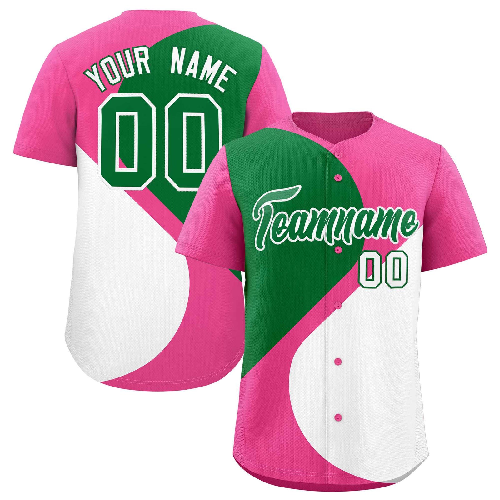Custom Pink Kelly Green-White Color Block Personalized Half Heart Pattern Authentic Baseball Jersey