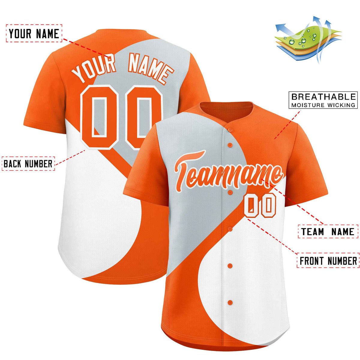 Custom Orange Silver-White Color Block Personalized Half Heart Pattern Authentic Baseball Jersey