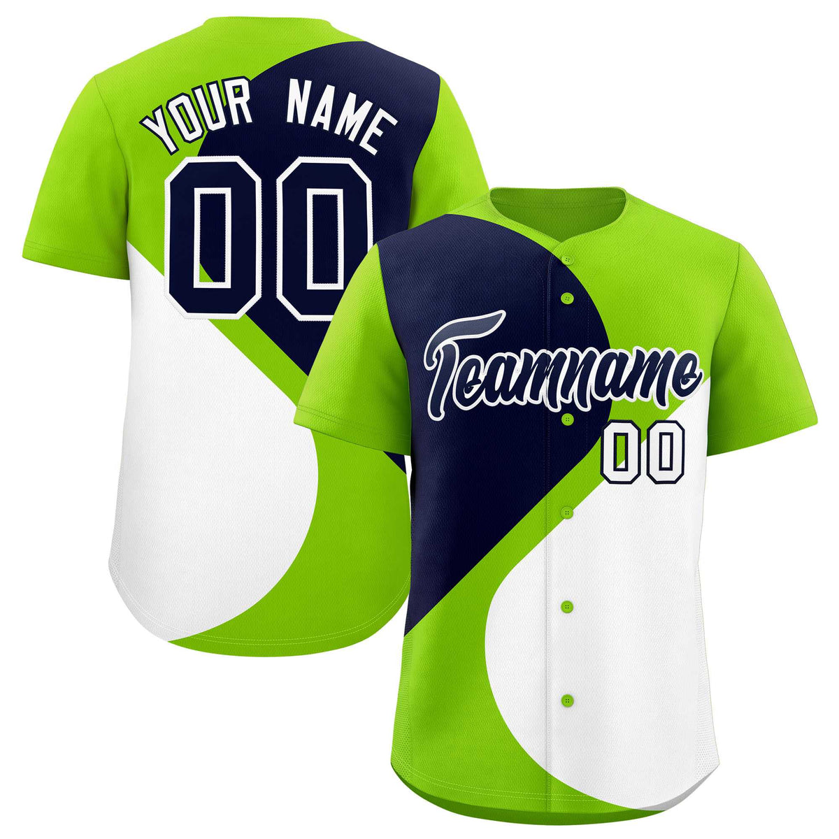Custom Neon Green Navy-White Color Block Personalized Half Heart Pattern Authentic Baseball Jersey