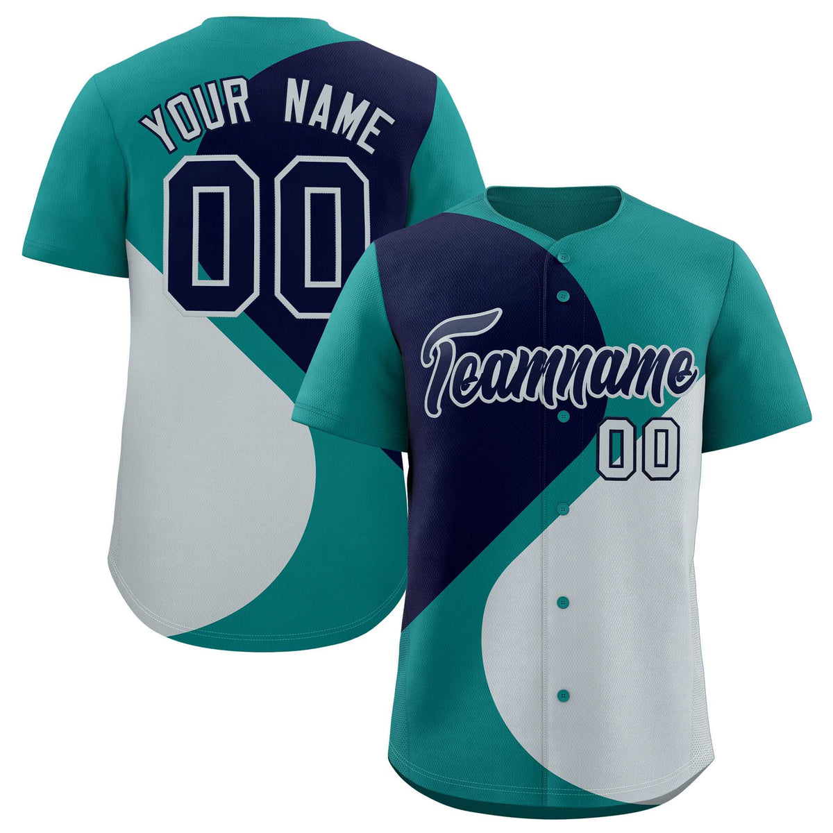 Custom Aqua Navy-Silver Color Block Personalized Half Heart Pattern Authentic Baseball Jersey