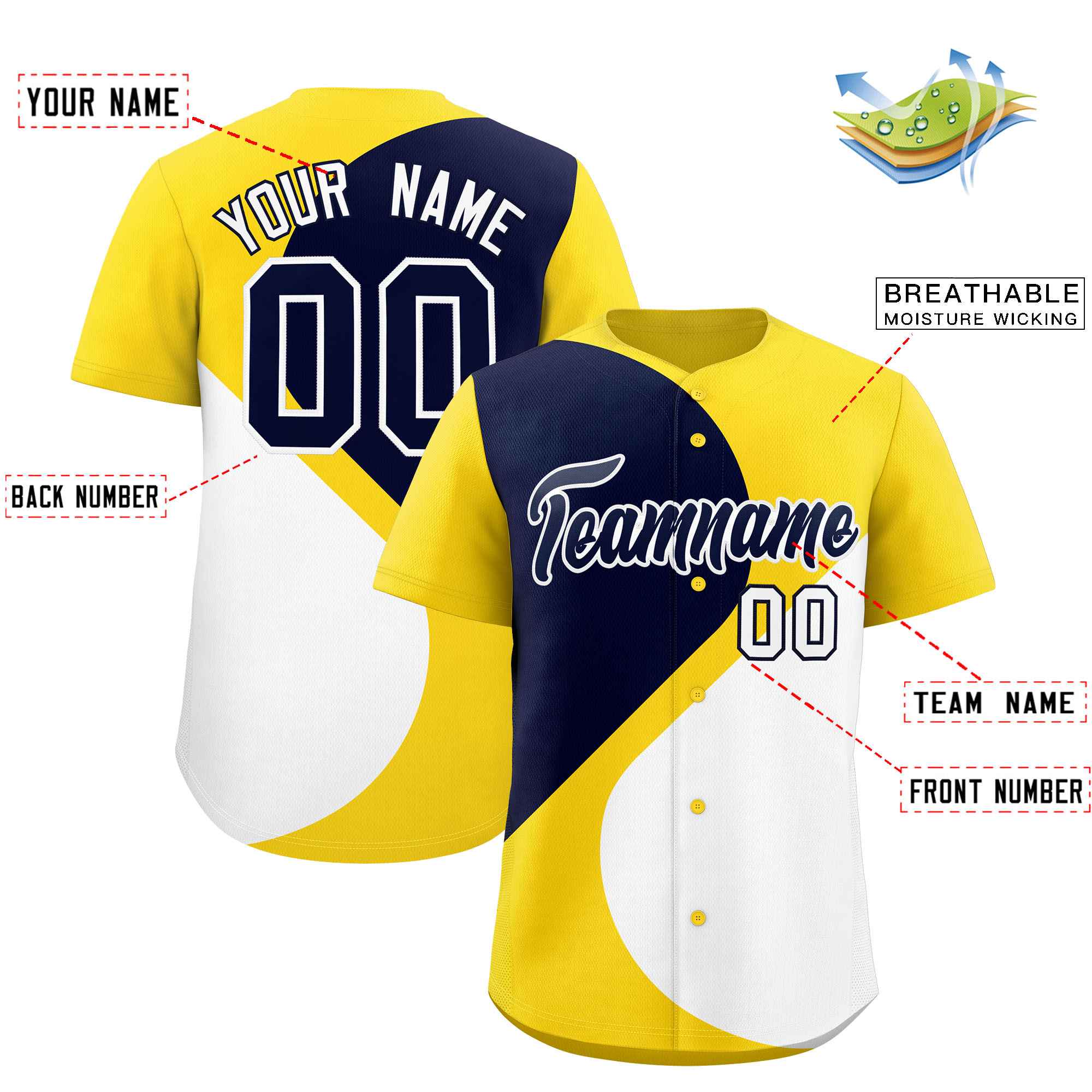 Custom Gold Navy-White Color Block Personalized Half Heart Pattern Authentic Baseball Jersey