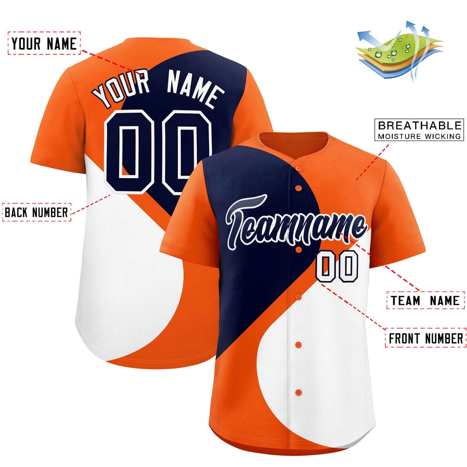 Custom Orange Navy-White Color Block Personalized Half Heart Pattern Authentic Baseball Jersey