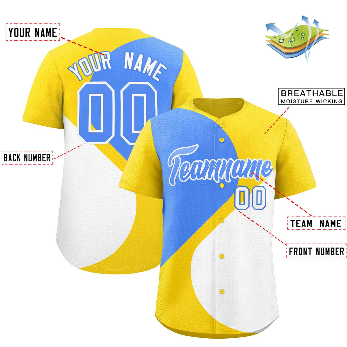 Custom Gold Powder Blue-White Color Block Personalized Half Heart Pattern Authentic Baseball Jersey