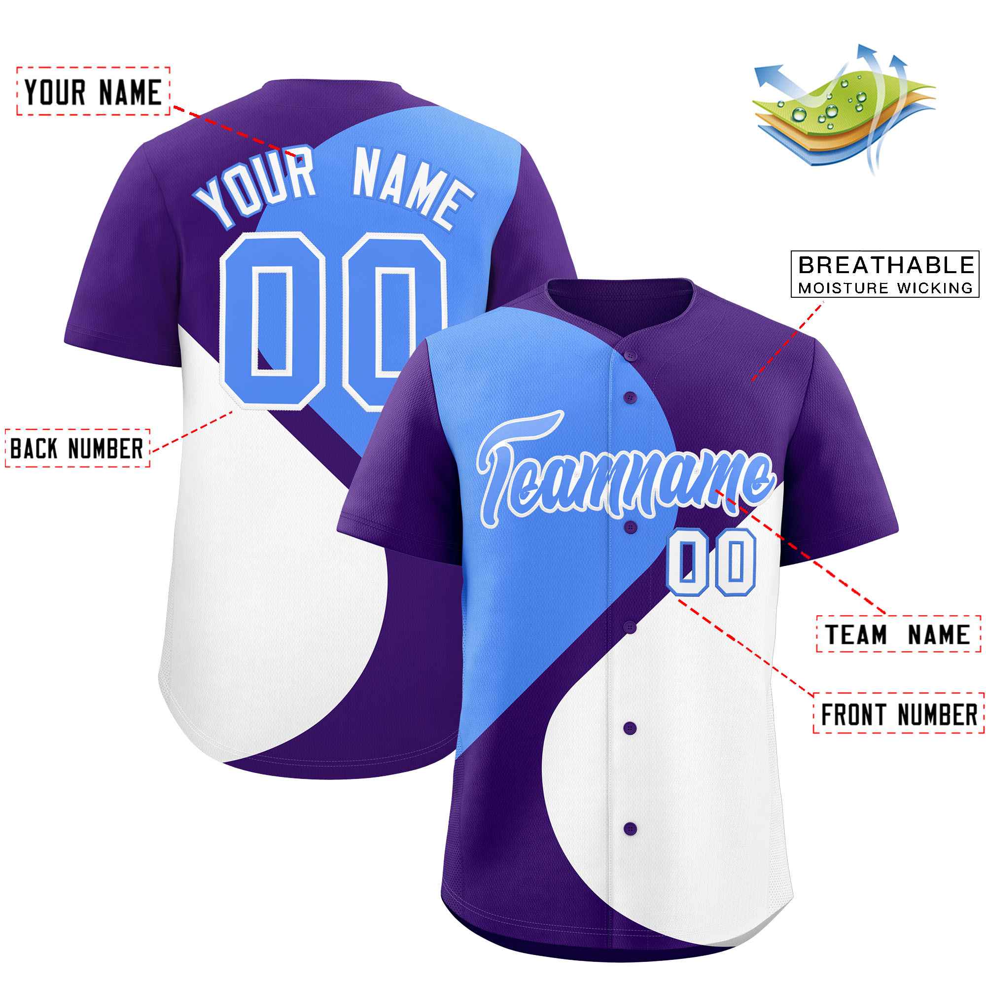Custom Purple Powder Blue-White Color Block Personalized Half Heart Pattern Authentic Baseball Jersey