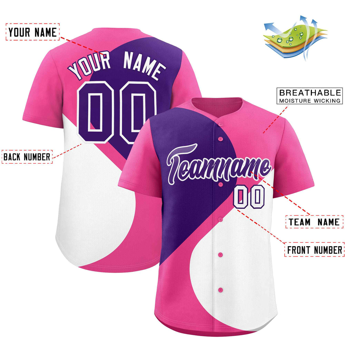 Custom Pink Purple-White Color Block Personalized Half Heart Pattern Authentic Baseball Jersey