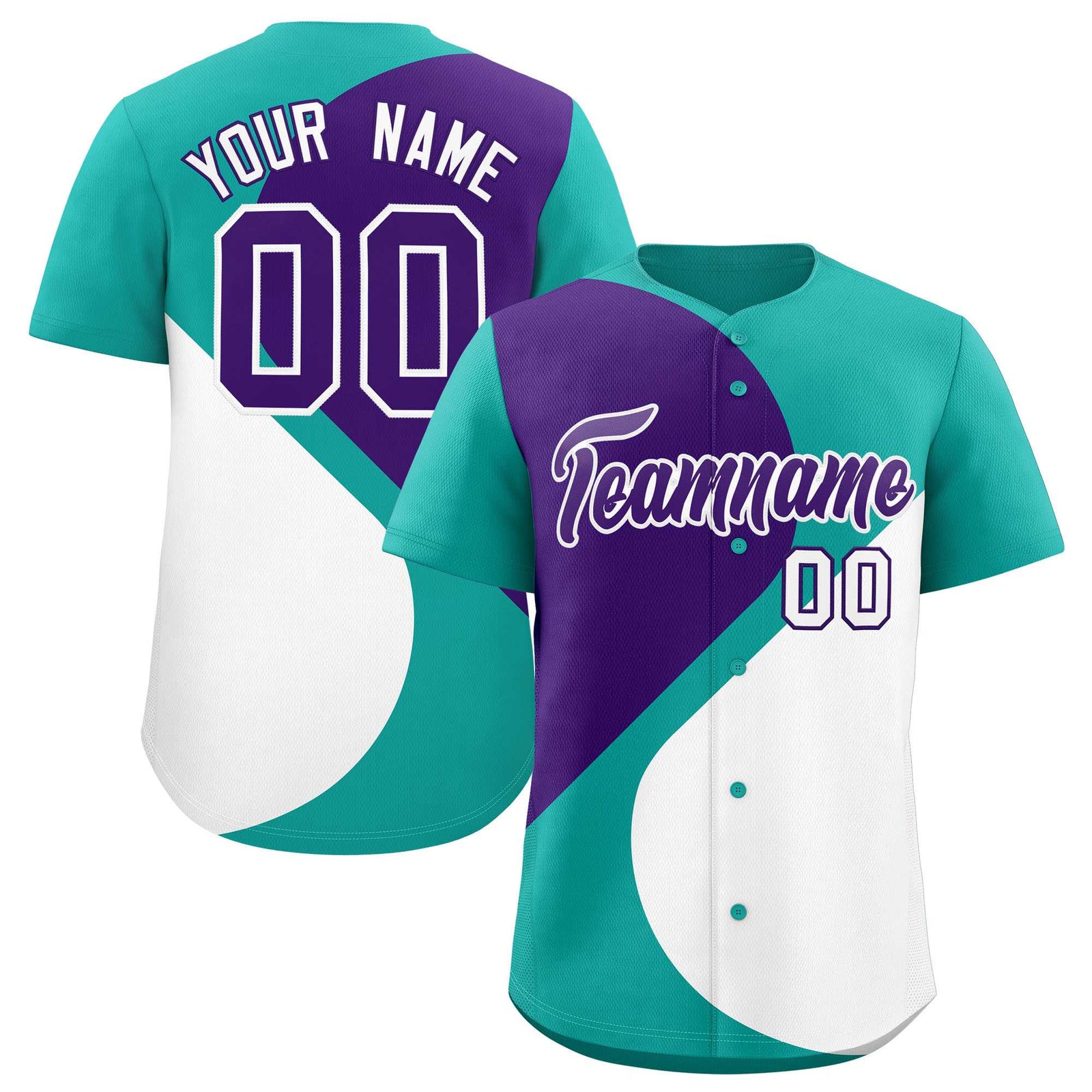 Custom Aqua Purple-White Color Block Personalized Half Heart Pattern Authentic Baseball Jersey
