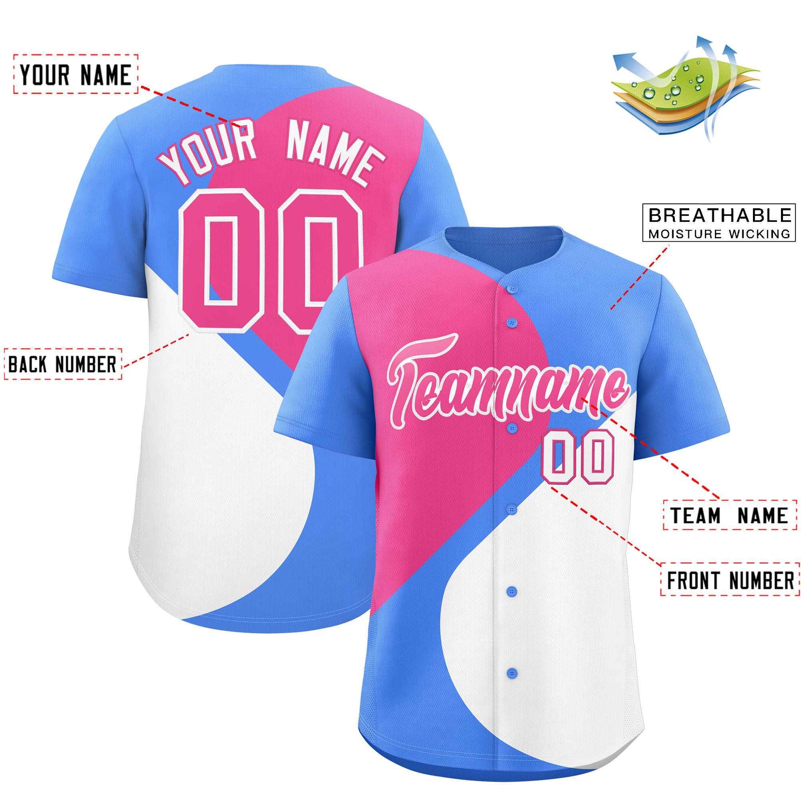 Custom Powder Blue Pink-White Color Block Personalized Half Heart Pattern Authentic Baseball Jersey