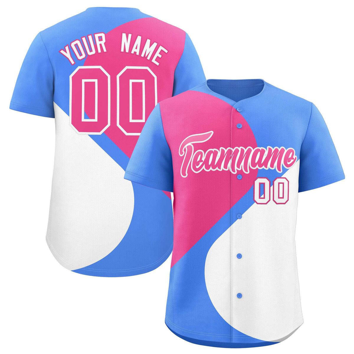 Custom Powder Blue Pink-White Color Block Personalized Half Heart Pattern Authentic Baseball Jersey