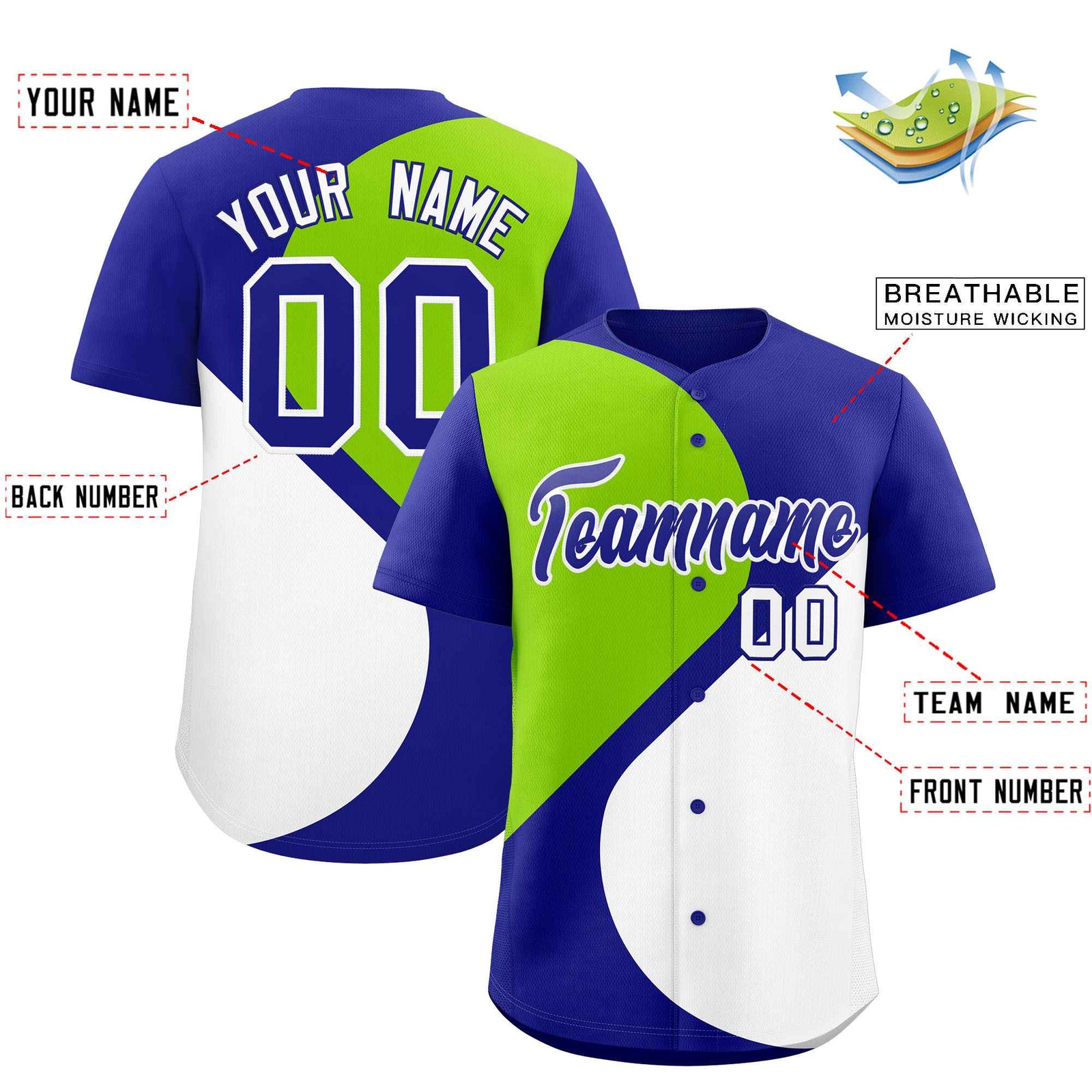 Custom Royal Neon Green-White Color Block Personalized Half Heart Pattern Authentic Baseball Jersey