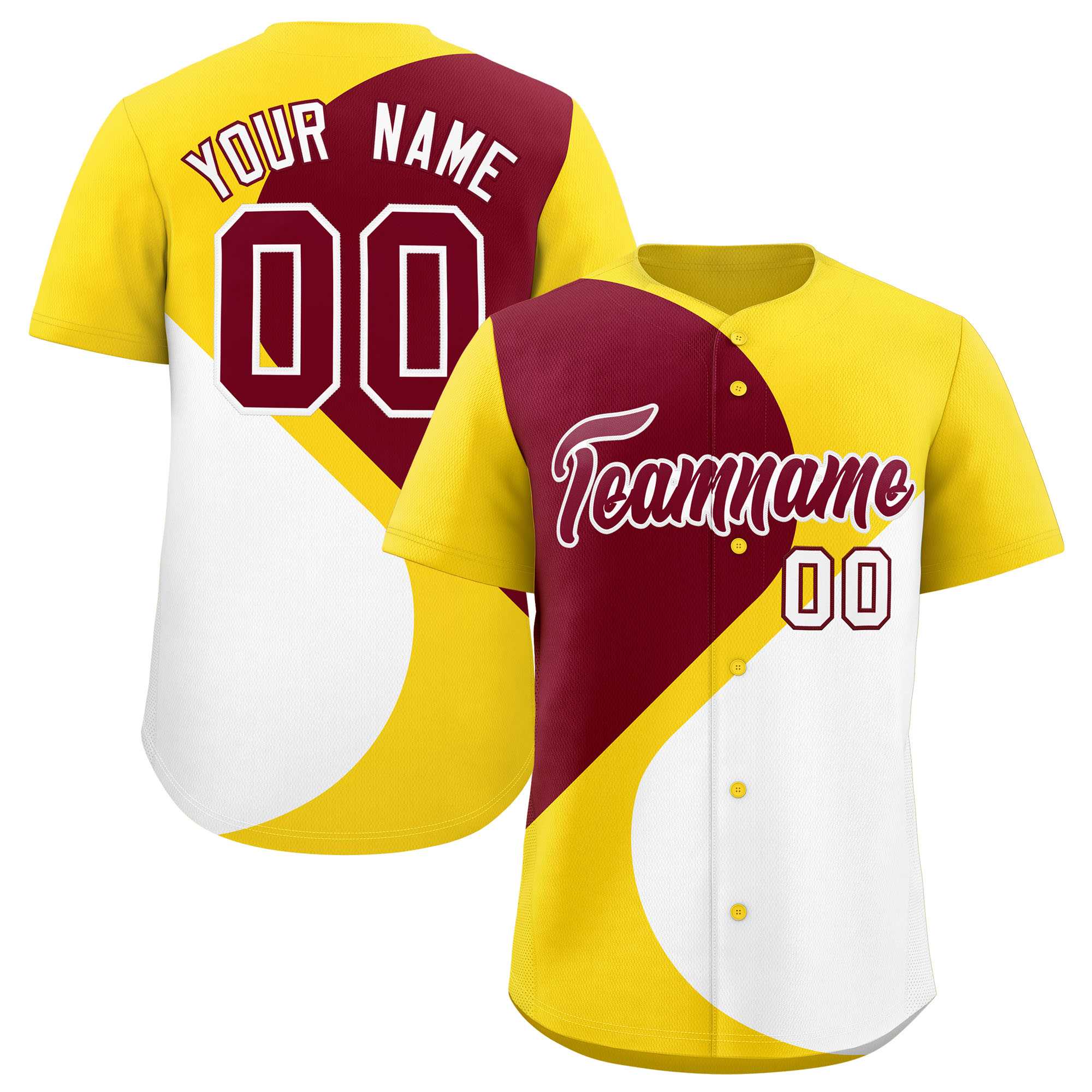 Custom Gold Crimson-White Color Block Personalized Half Heart Pattern Authentic Baseball Jersey