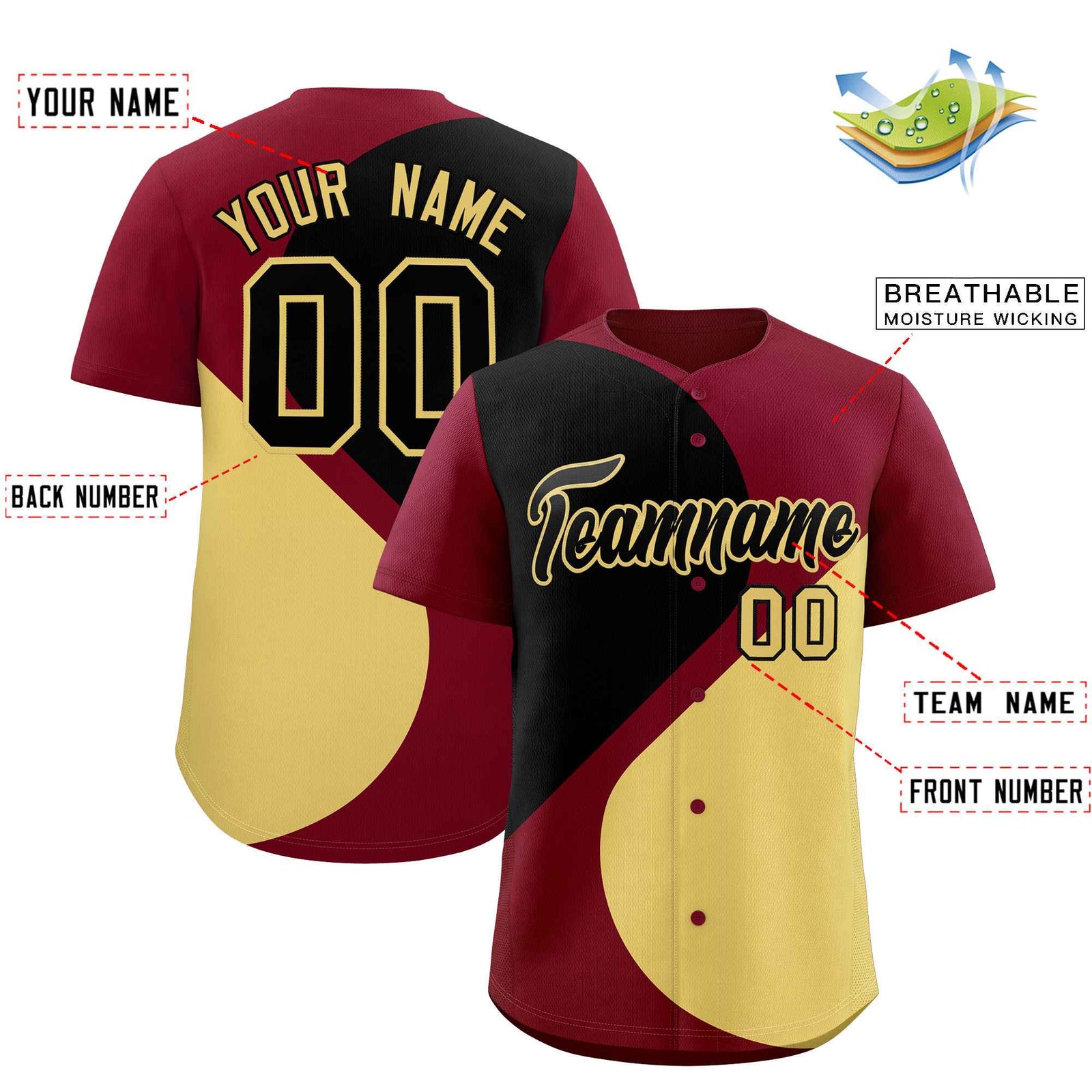 Custom Crimson Black-Khaki Color Block Personalized Half Heart Pattern Authentic Baseball Jersey