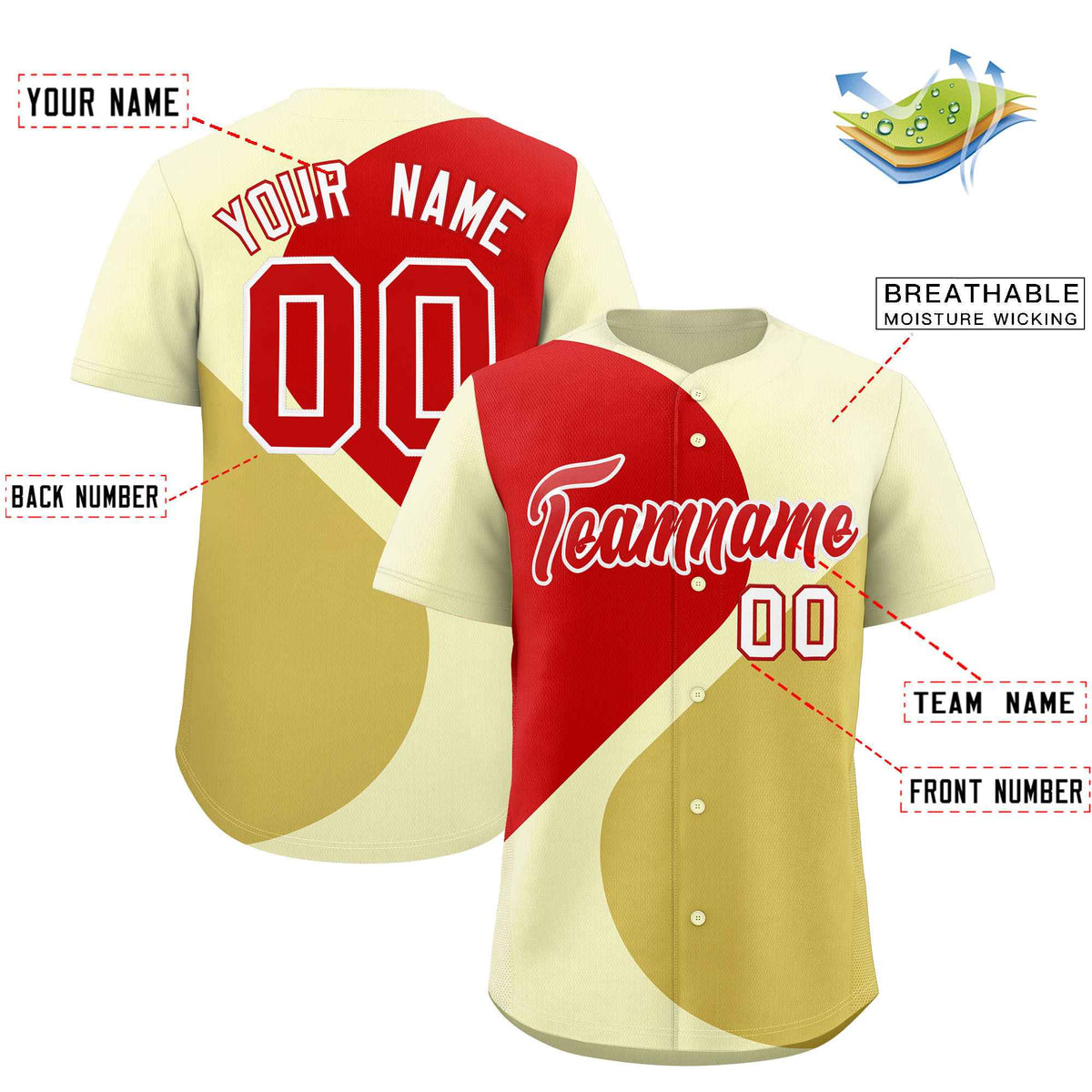 Custom Cream Red-Old Gold Color Block Personalized Half Heart Pattern Authentic Baseball Jersey