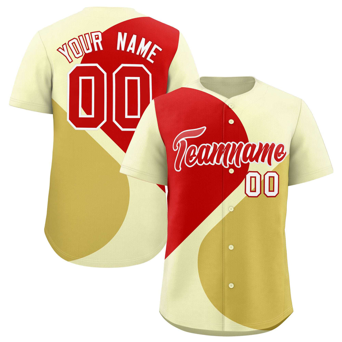Custom Cream Red-Old Gold Color Block Personalized Half Heart Pattern Authentic Baseball Jersey