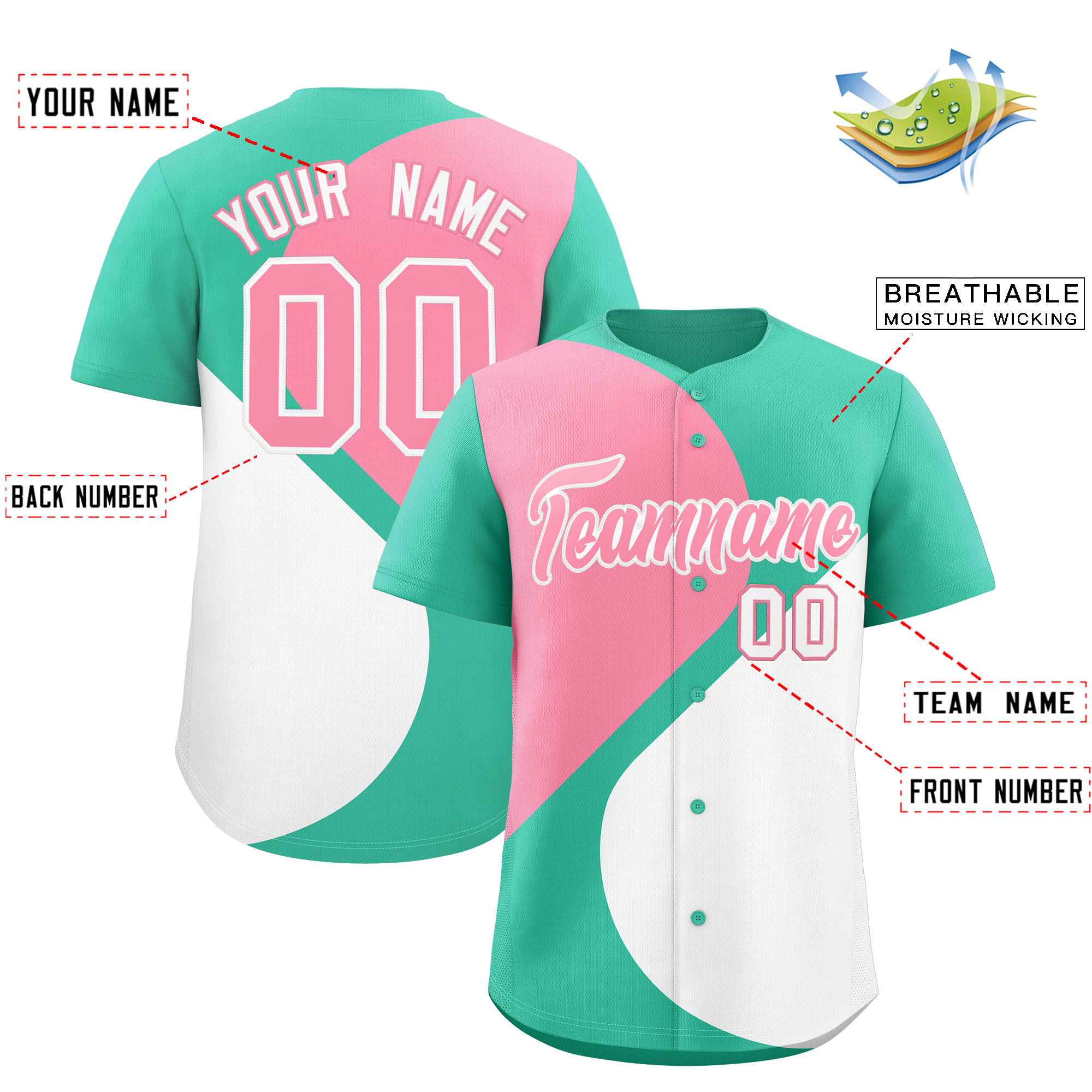 Custom Bright Green Light Pink-White Color Block Personalized Half Heart Pattern Authentic Baseball Jersey