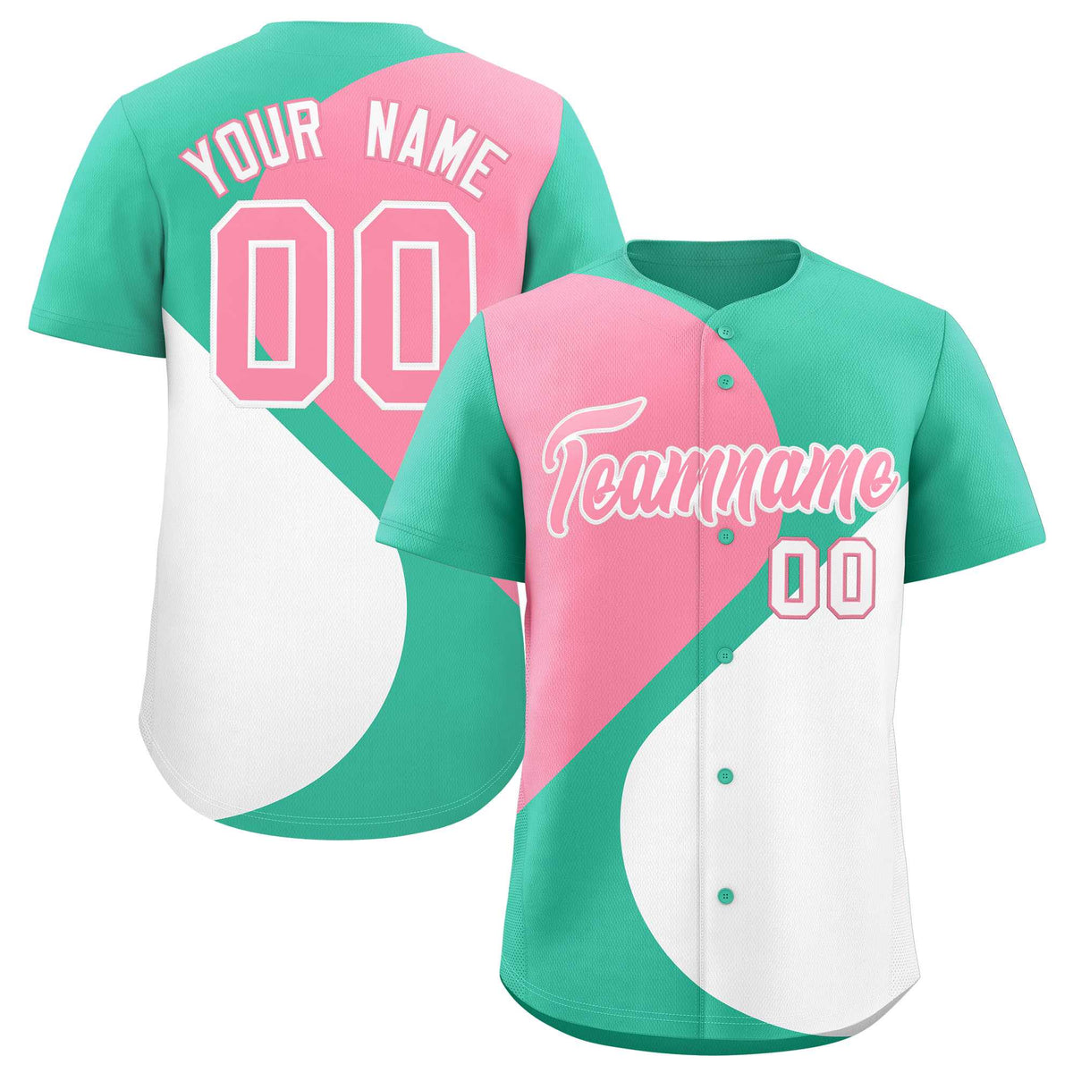 Custom Bright Green Light Pink-White Color Block Personalized Half Heart Pattern Authentic Baseball Jersey