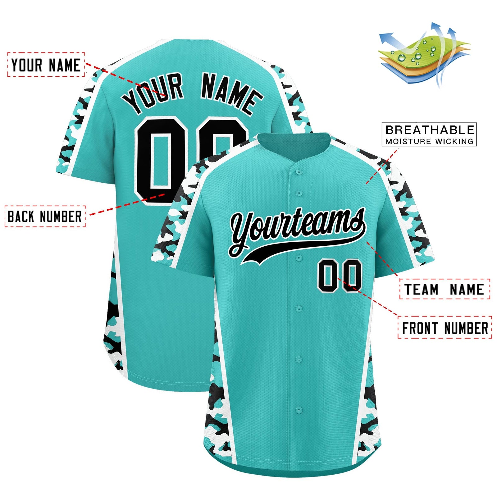 Custom Teal Black Side Camo Style Personalization Baseball Jersey| KXKSHOP
