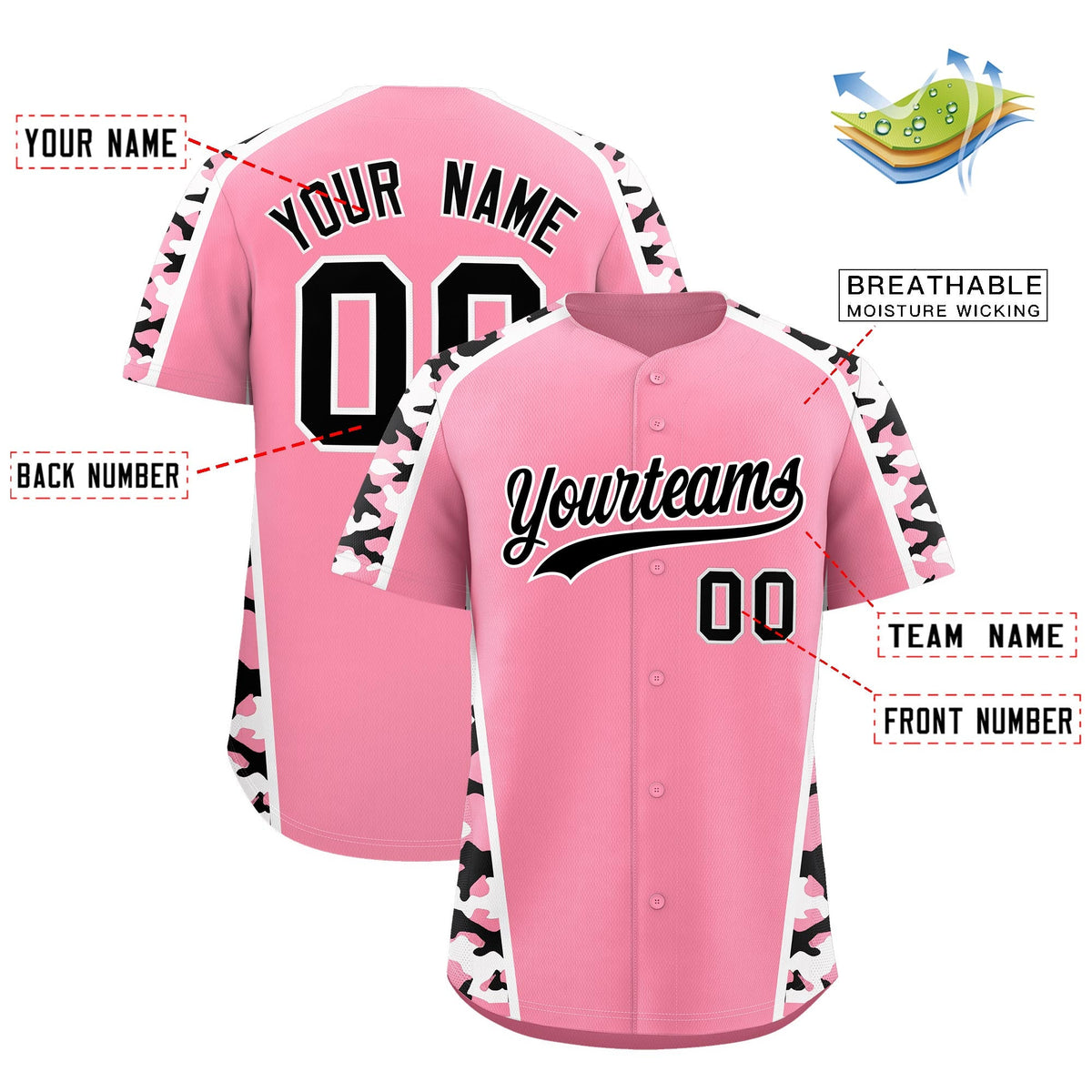 Custom Light Pink Black Side Camo Style Personalization Baseball Jersey| KXKSHOP