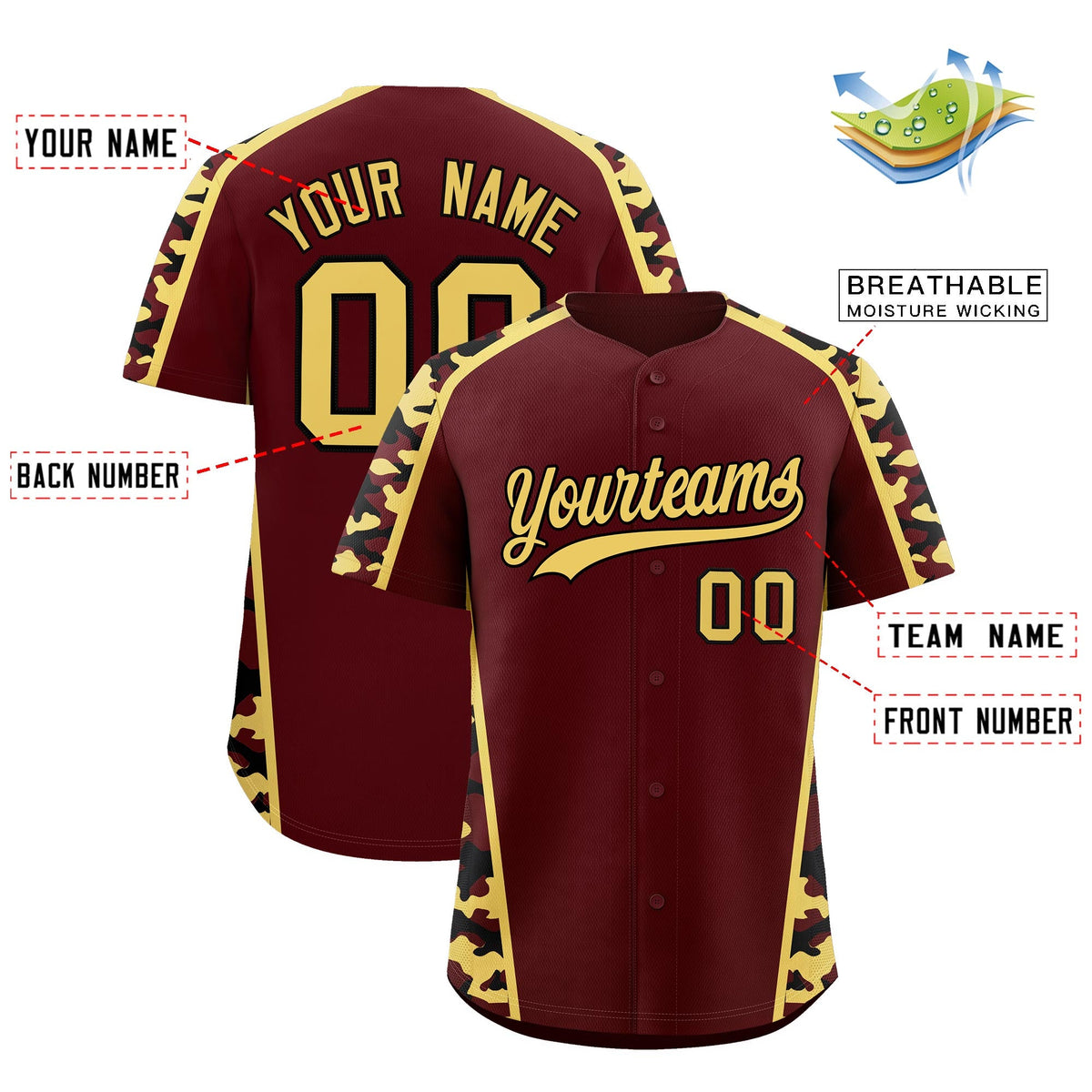 Custom Burgundy Khaki Side Camo Style Personalization Baseball Jersey| KXKSHOP