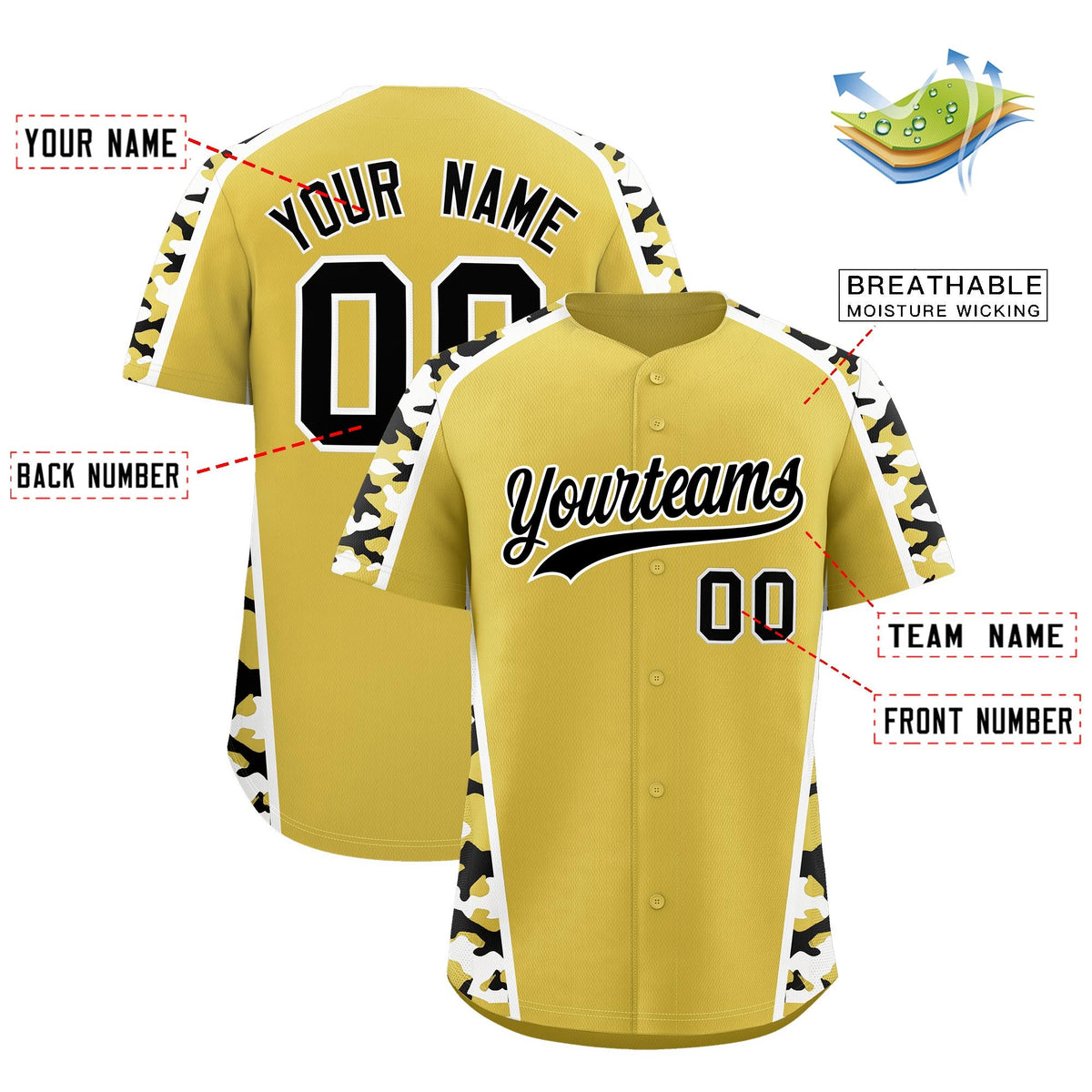 Custom Old Gold Black Side Camo Style Personalization Baseball Jersey| KXKSHOP