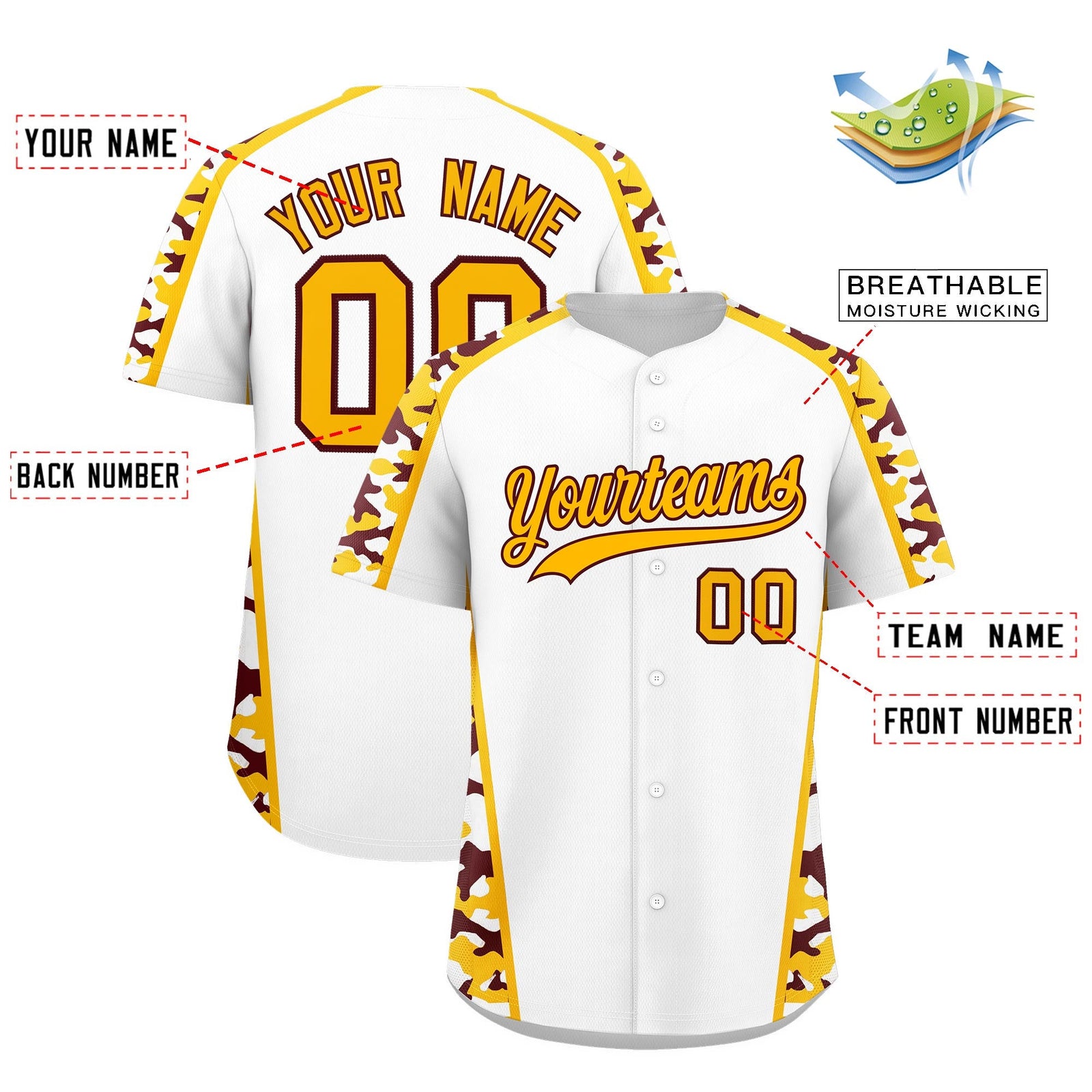 Custom White Yellow Side Camo Style Personalization Baseball Jersey| KXKSHOP