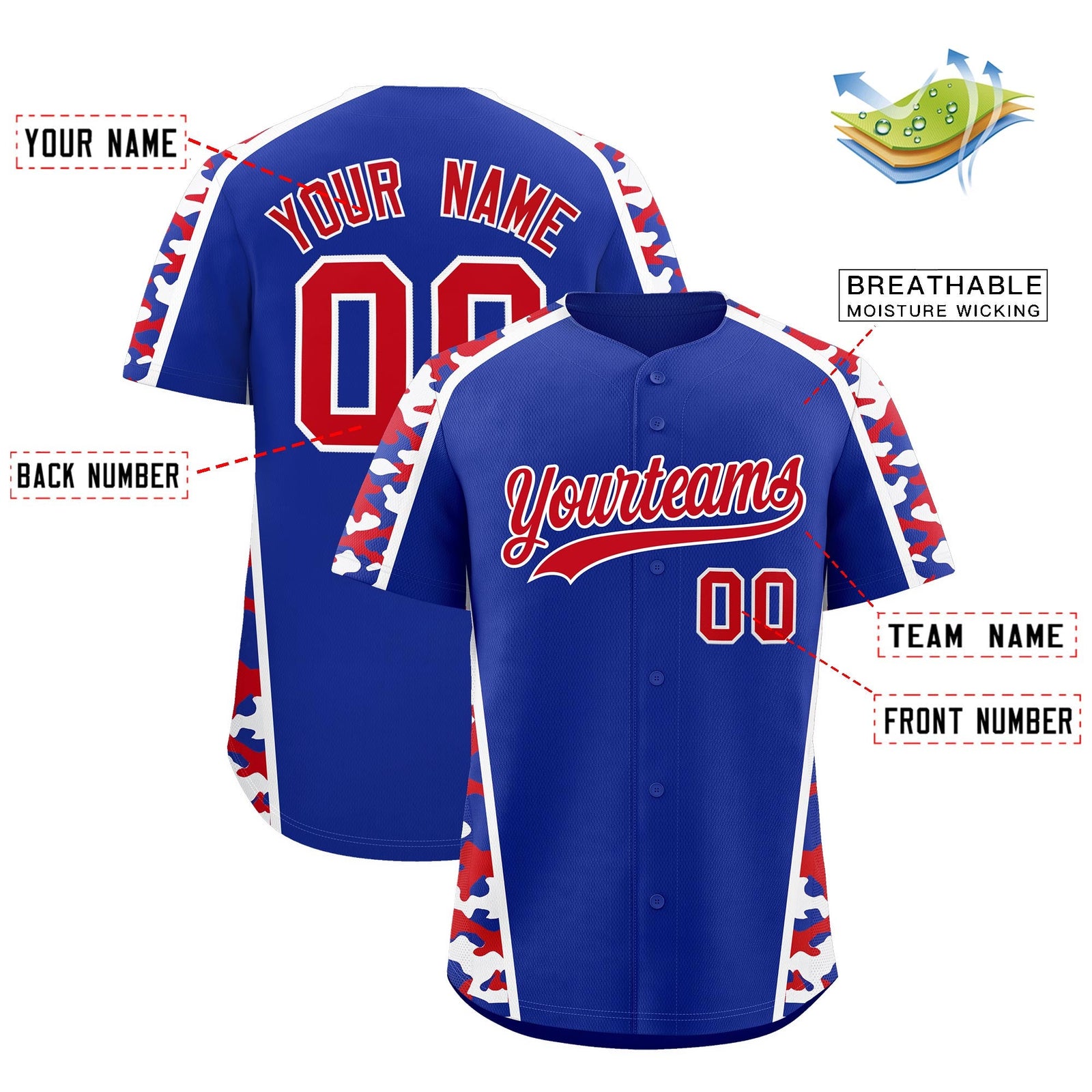Custom Royal Blue Red Side Camo Style Personalization Baseball Jersey| KXKSHOP