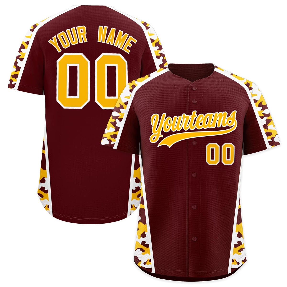 Custom Burgundy Yellow Side Camo Style Personalization Baseball Jersey| KXKSHOP