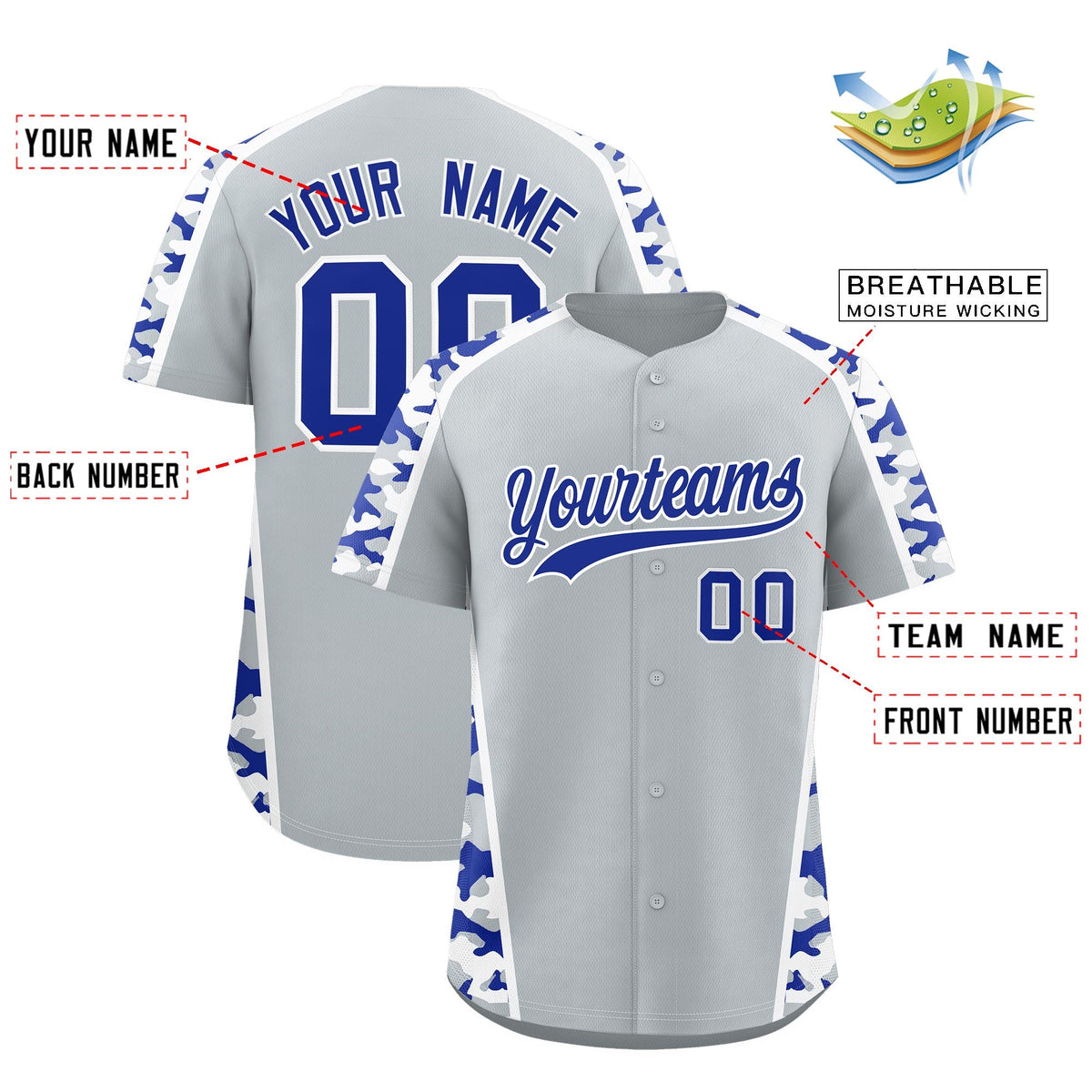 Custom Silver Royal Blue Side Camo Style Personalization Baseball Jersey| KXKSHOP