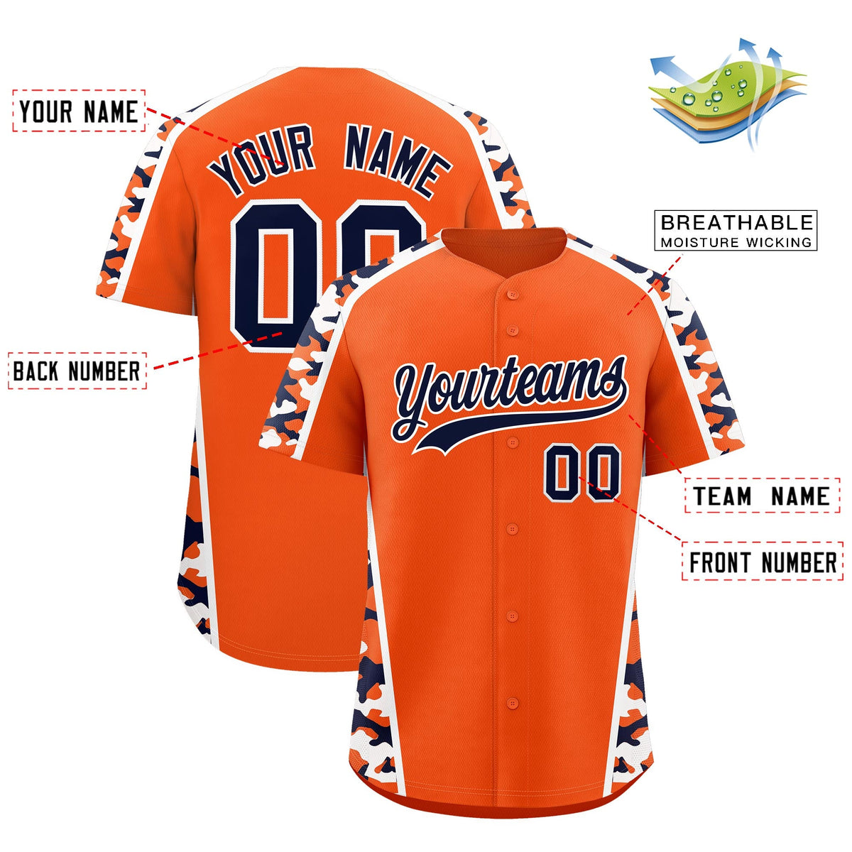 Custom Orange Navy Side Camo Style Personalization Baseball Jersey| KXKSHOP