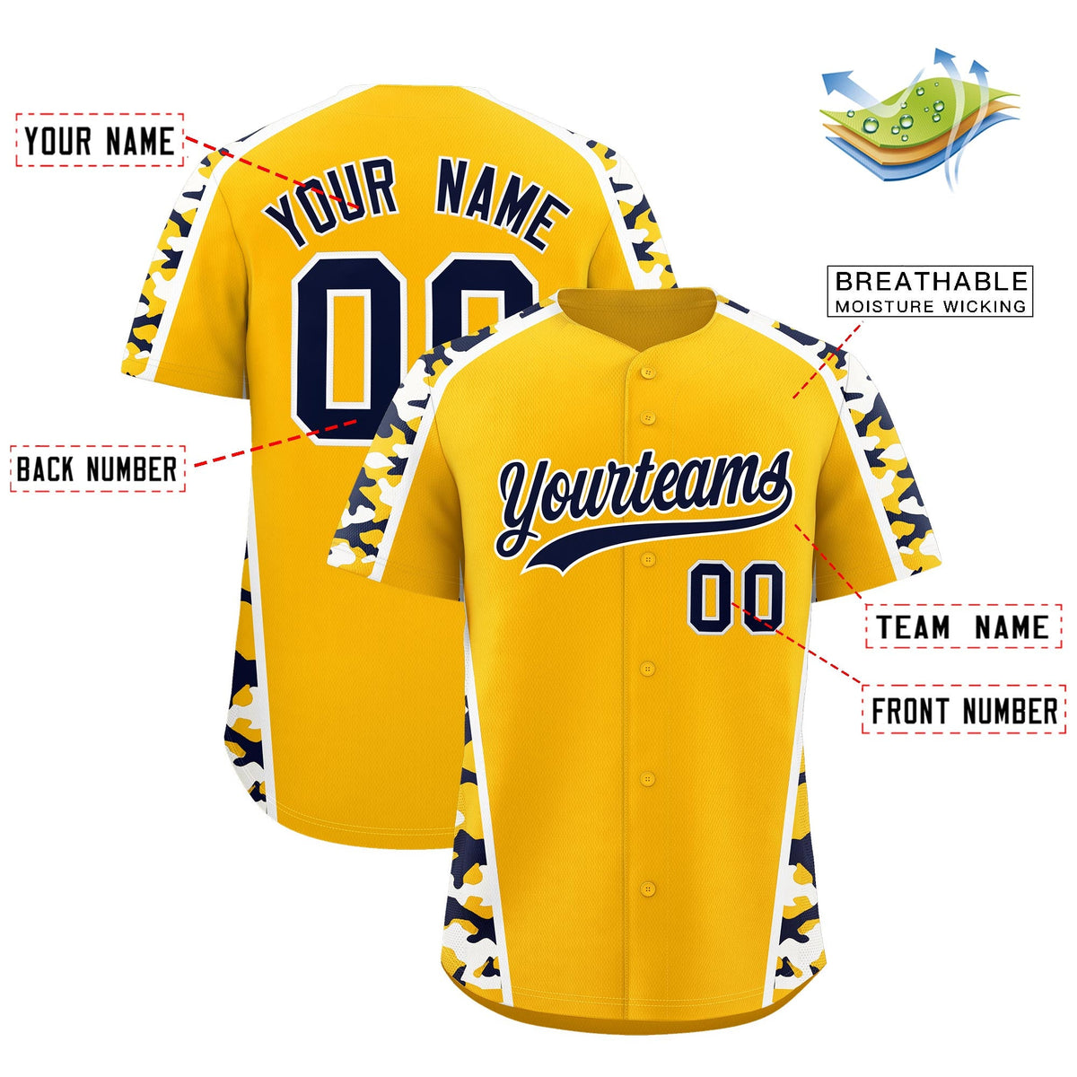 Custom Yellow Navy Side Camo Style Personalization Baseball Jersey| KXKSHOP