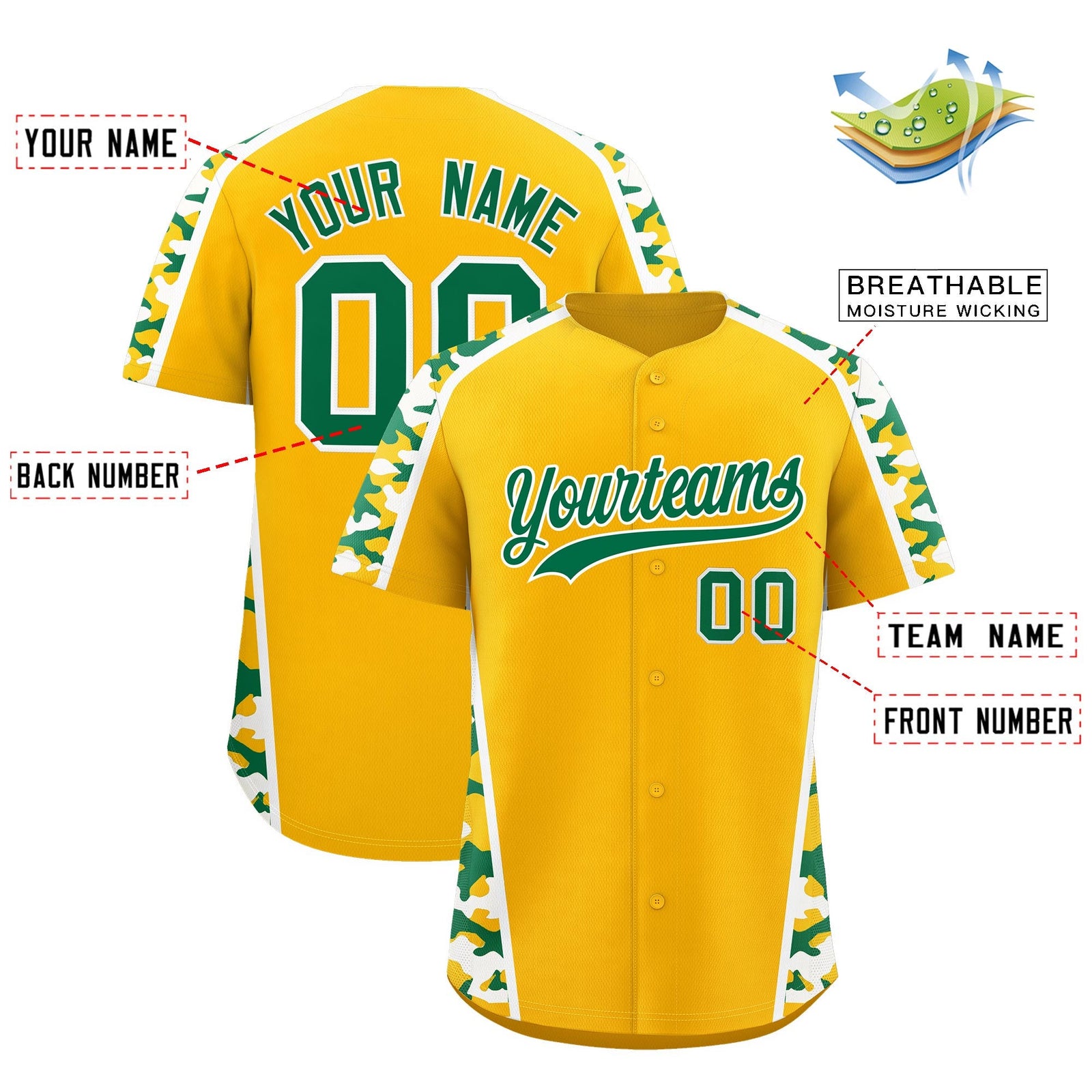 Custom Yellow Kelly Green Side Camo Style Personalization Baseball Jersey| KXKSHOP