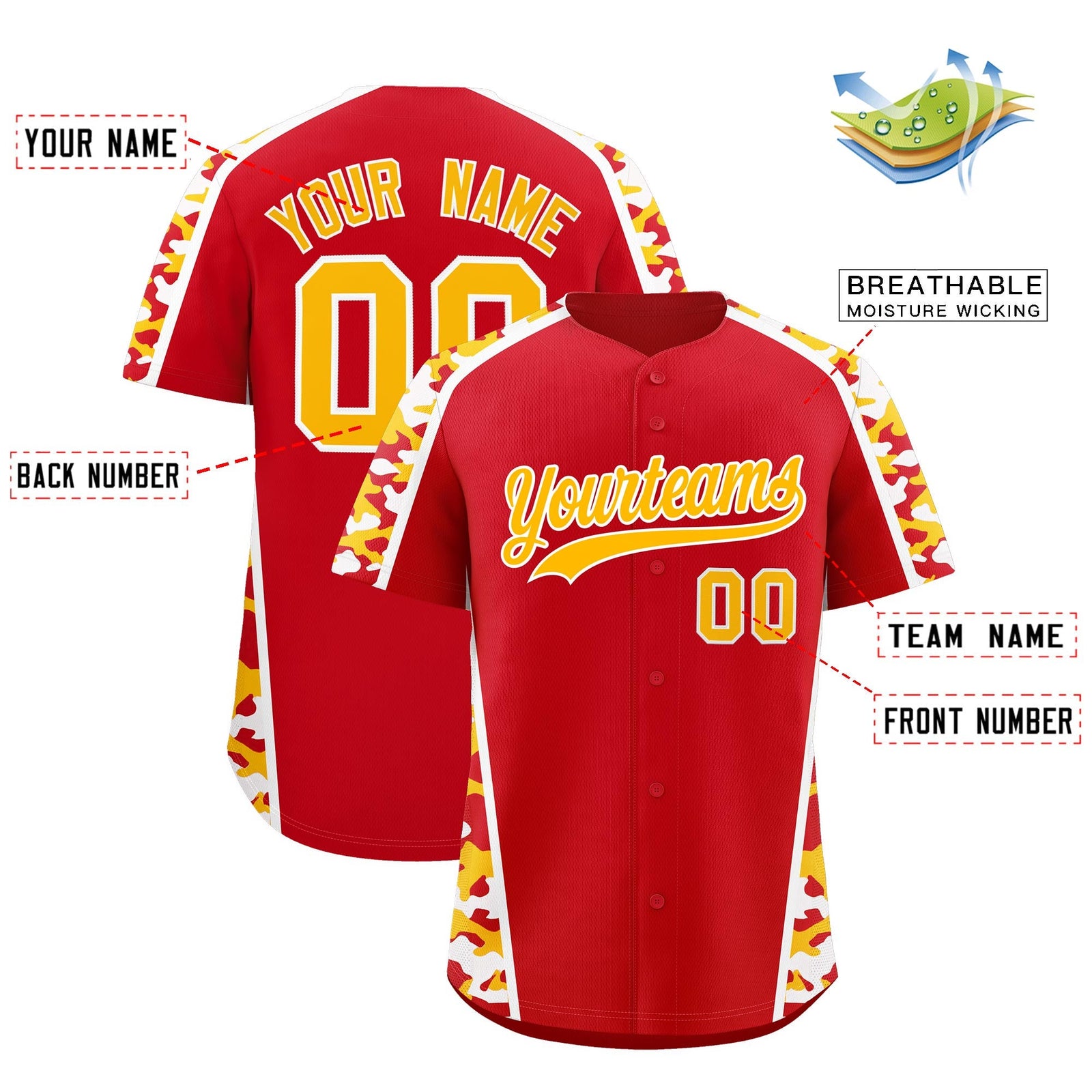Custom Red Yellow Side Camo Style Personalization Baseball Jersey| KXKSHOP