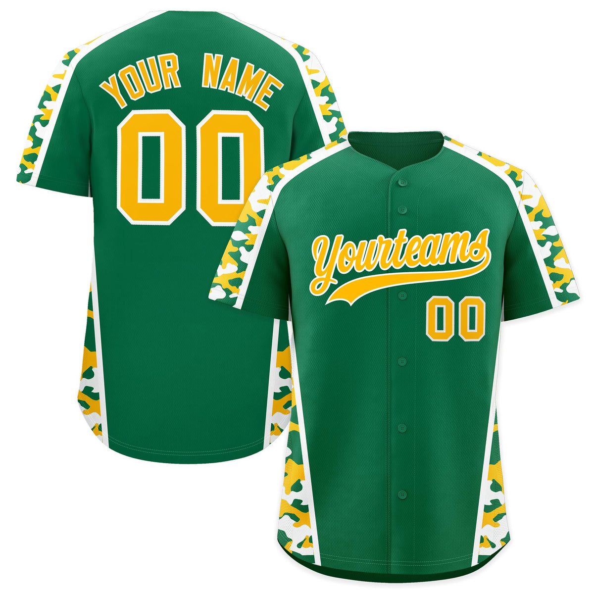 Custom Kelly Green Yellow Side Camo Style Personalization Baseball Jersey| KXKSHOP
