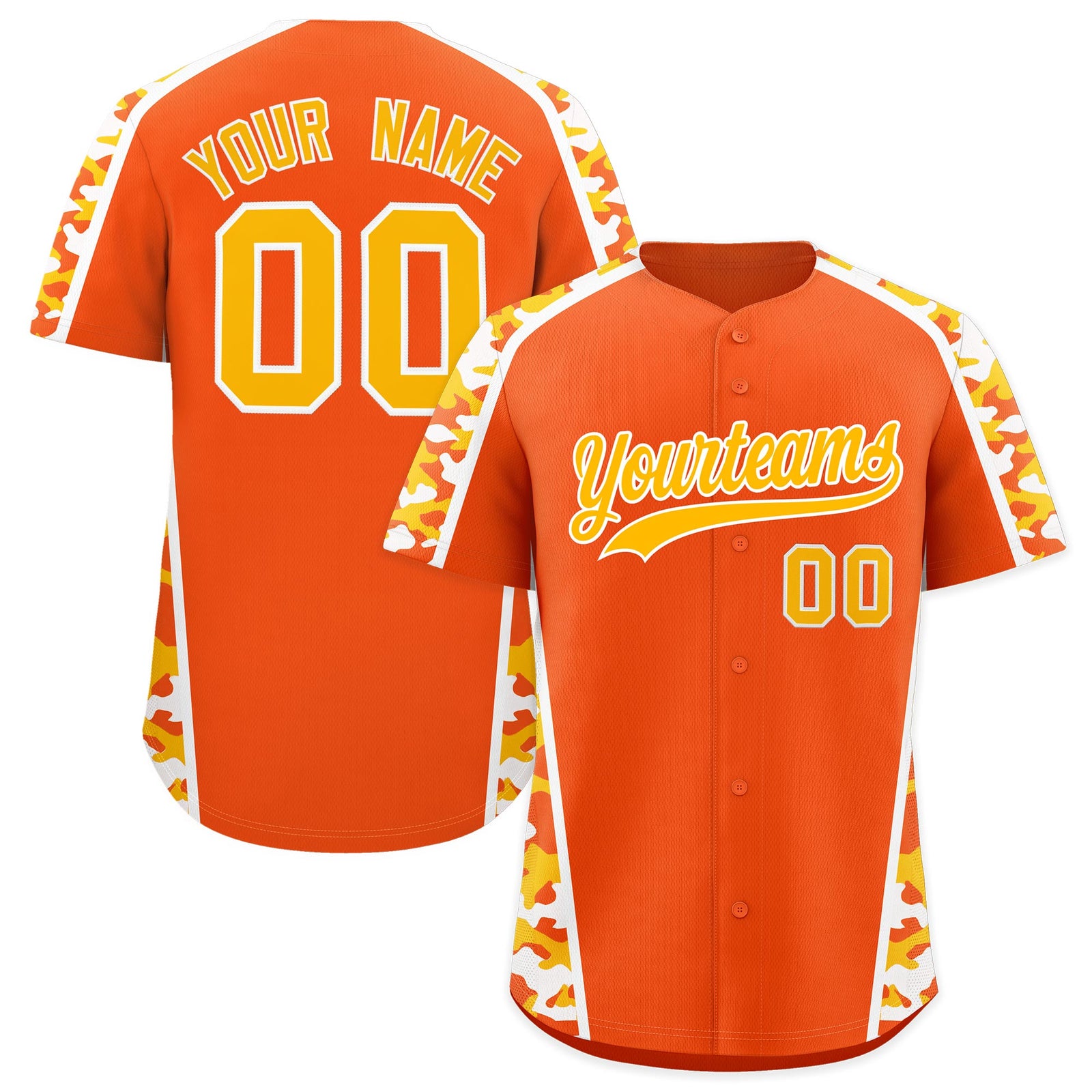 Custom Orange Yellow Side Camo Style Personalization Baseball Jersey| KXKSHOP