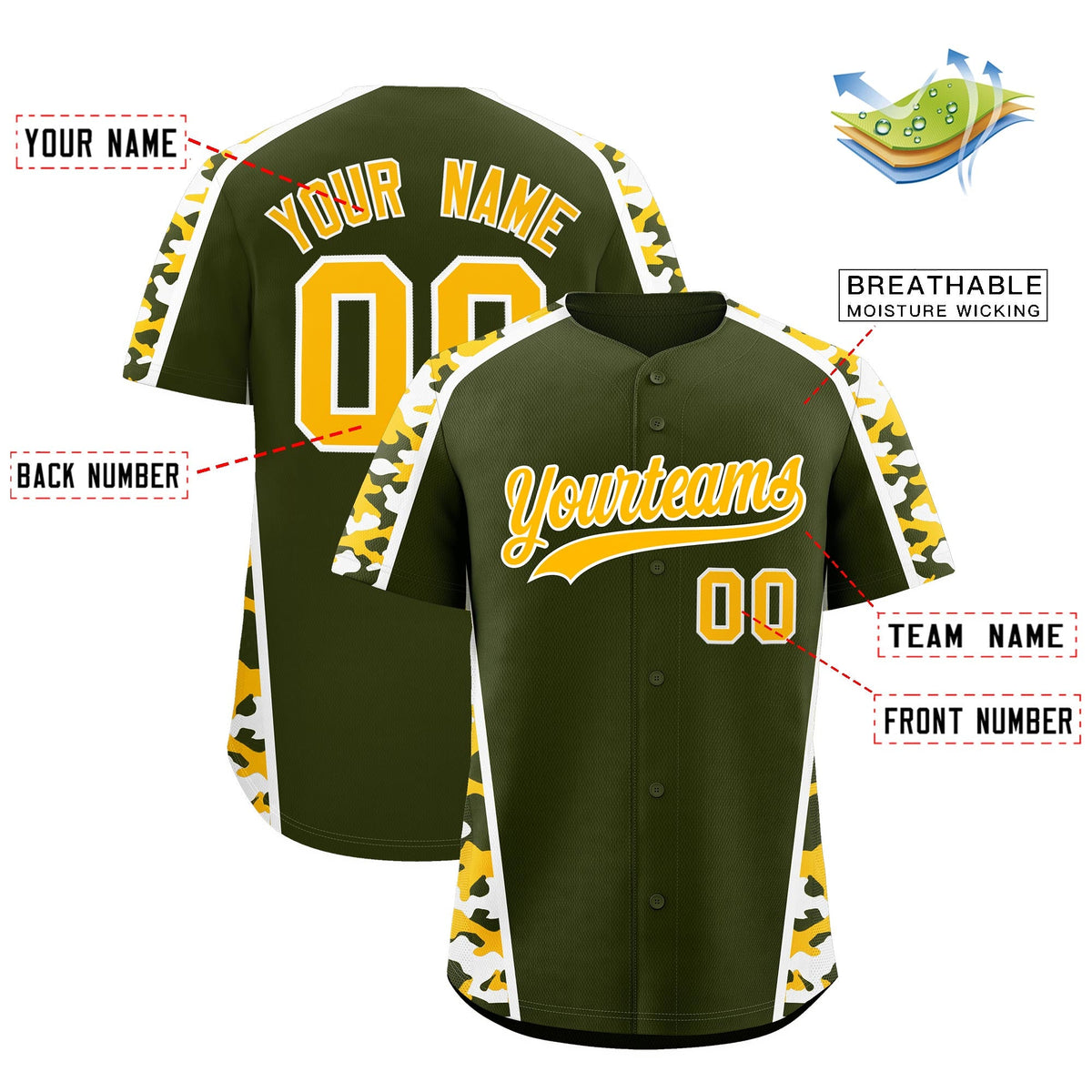 Custom Olive Yellow Side Camo Style Personalization Baseball Jersey| KXKSHOP