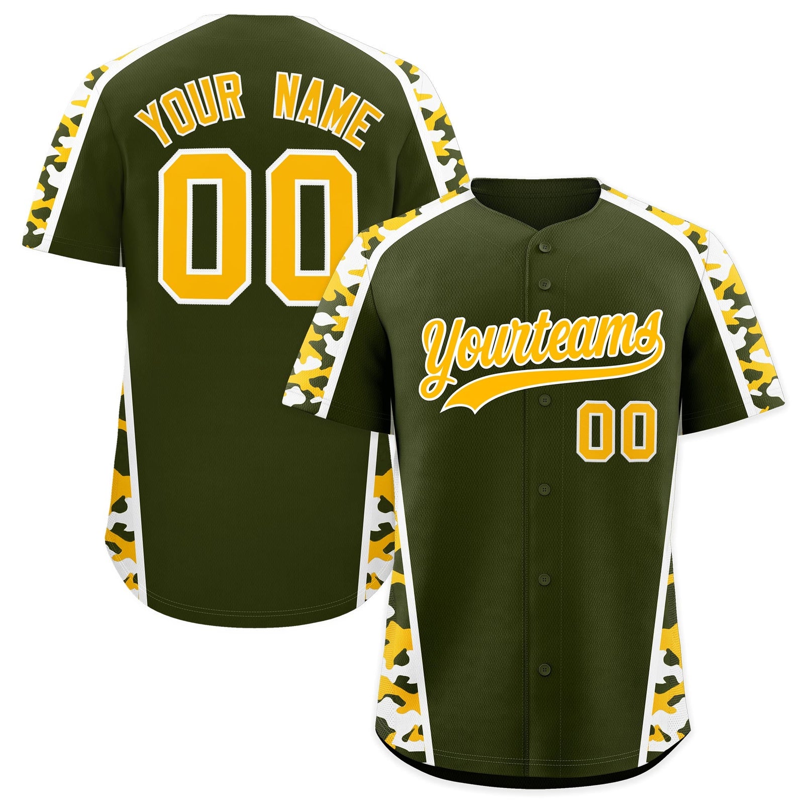 Custom Olive Yellow Side Camo Style Personalization Baseball Jersey| KXKSHOP