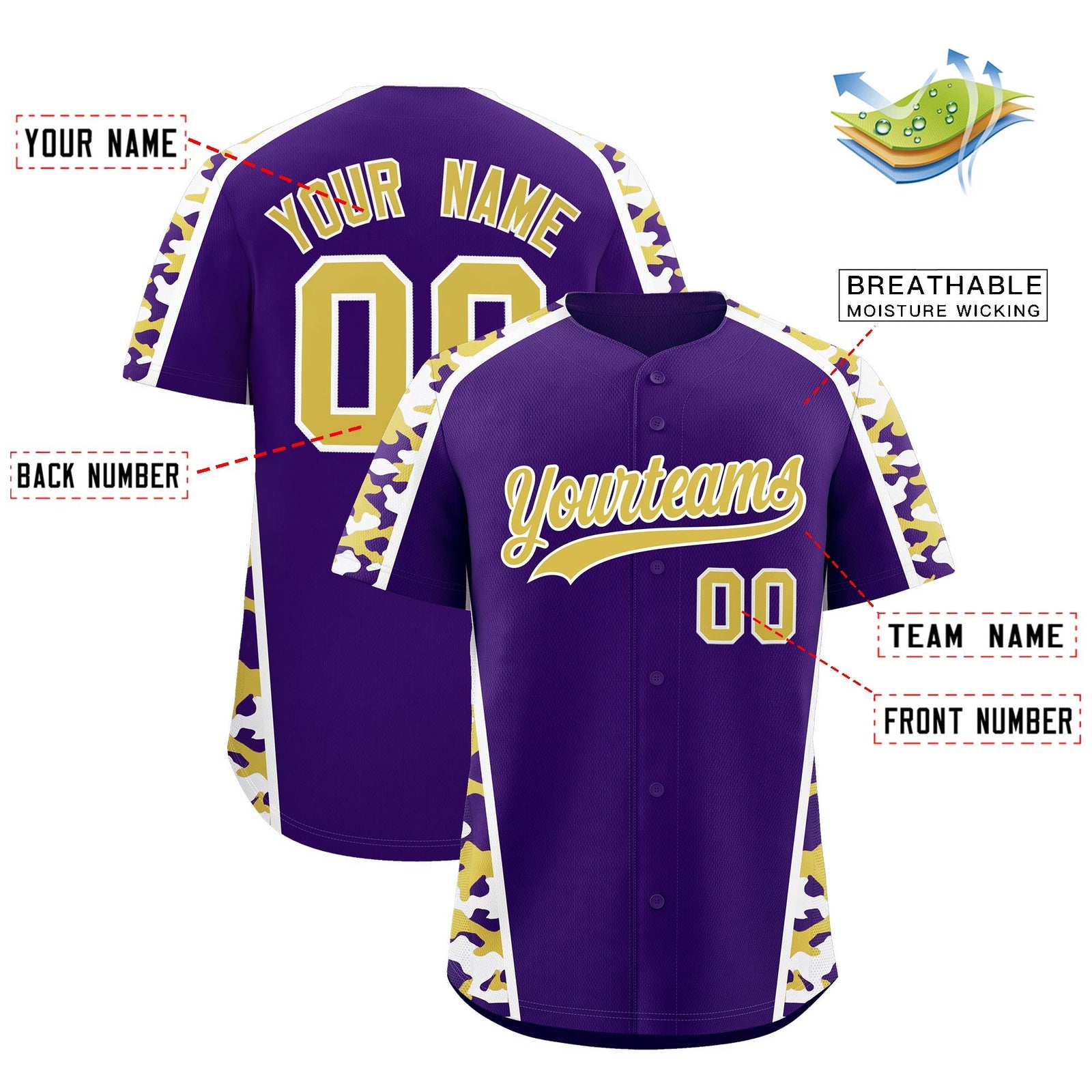 Custom Purple Old Gold Side Camo Style Personalization Baseball Jersey| KXKSHOP