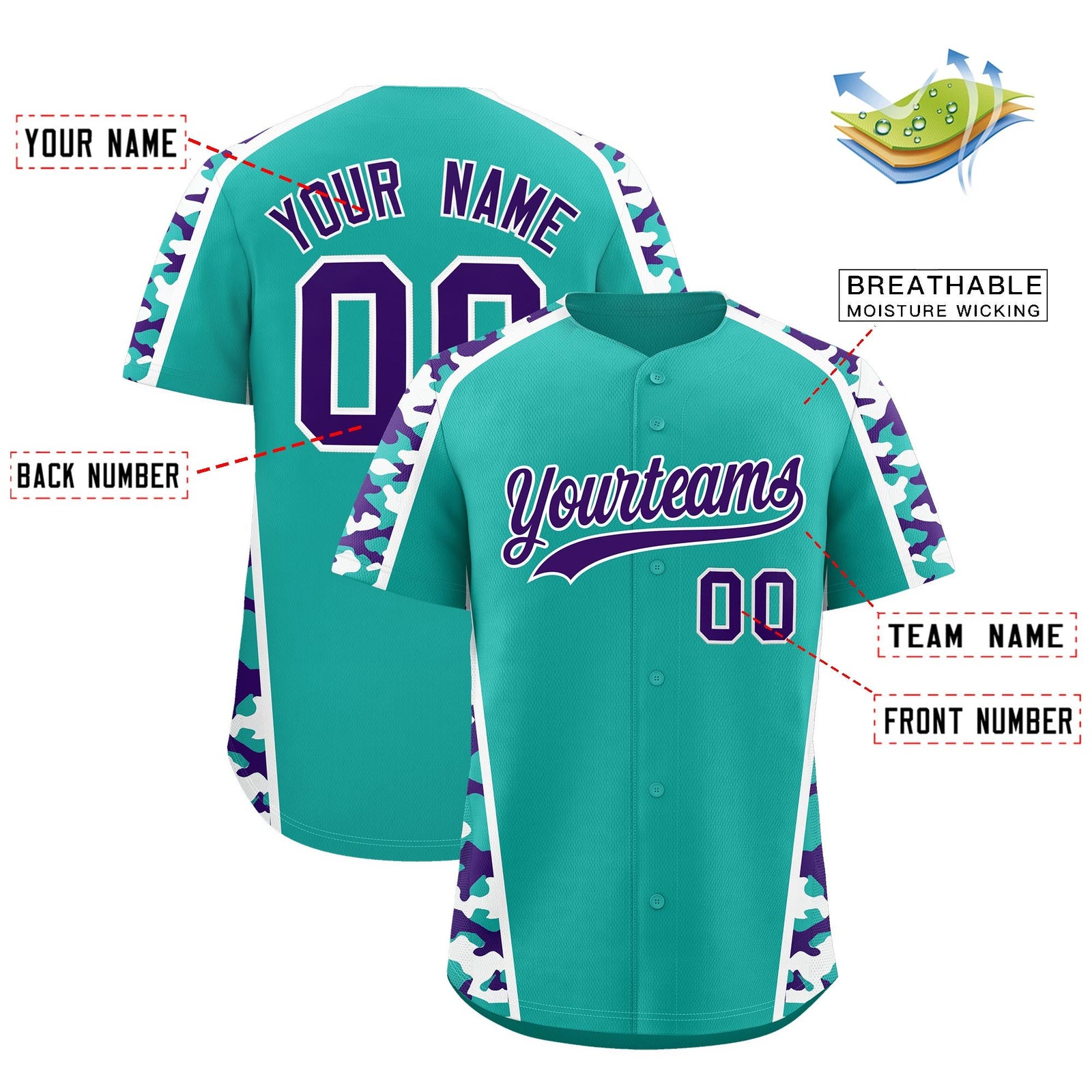Custom Aqua Purple Side Camo Style Personalization Baseball Jersey| KXKSHOP