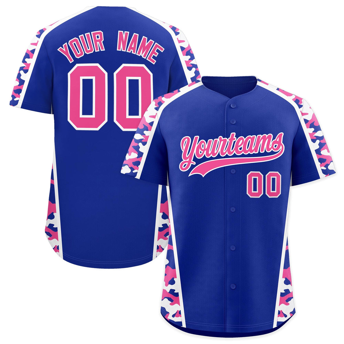 Custom Royal Blue Pink Side Camo Style Personalization Baseball Jersey| KXKSHOP