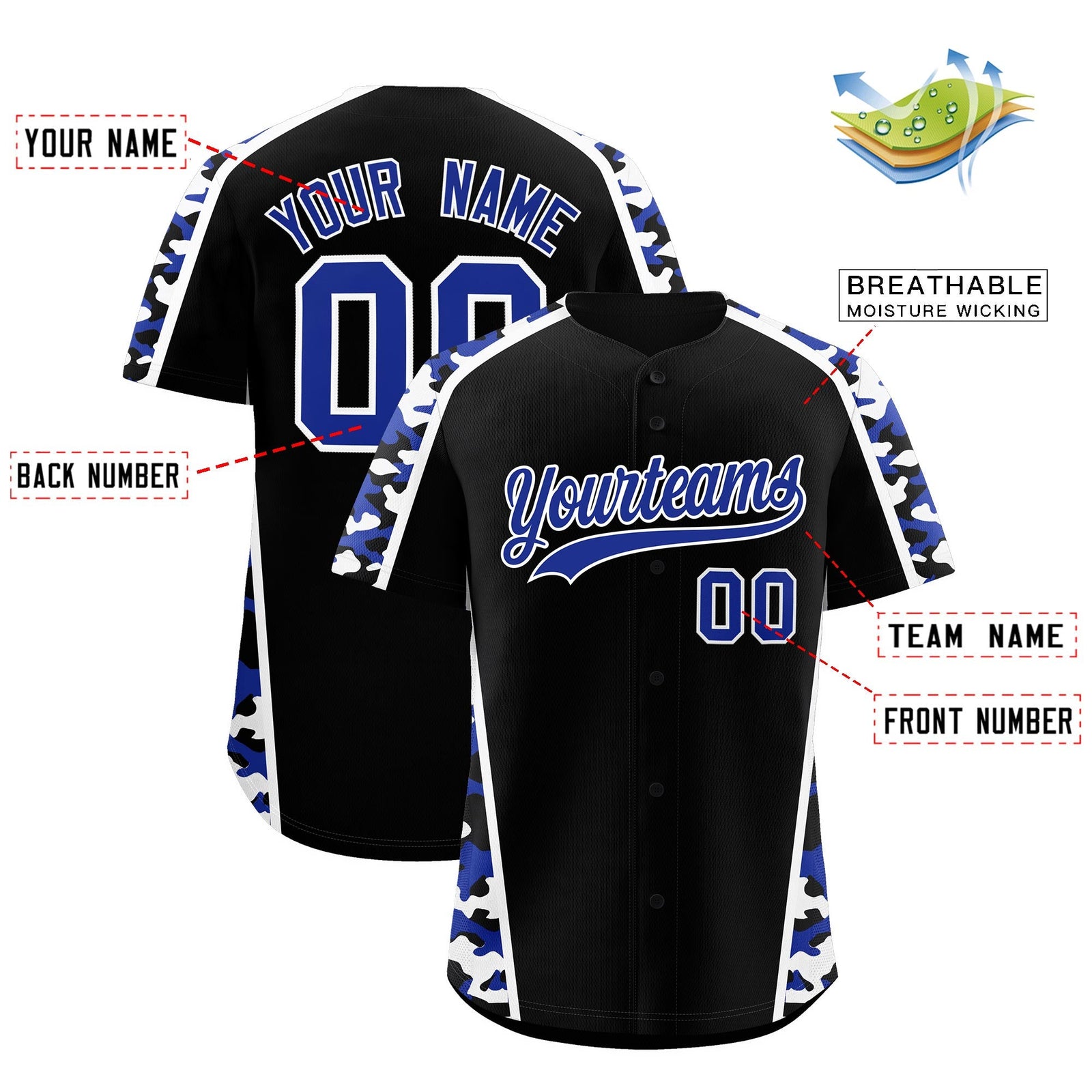 Custom Black Royal Blue Side Camo Style Personalization Baseball Jersey| KXKSHOP