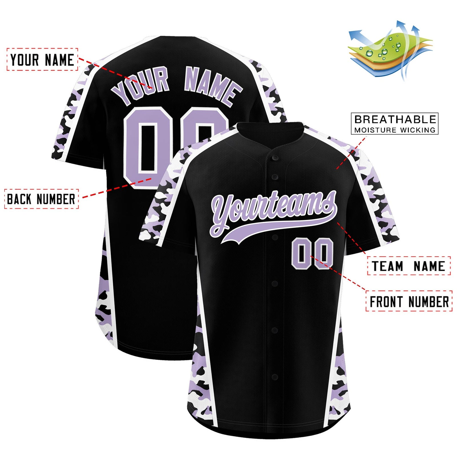 Custom Black Light Purple Side Camo Style Personalization Baseball Jersey| KXKSHOP