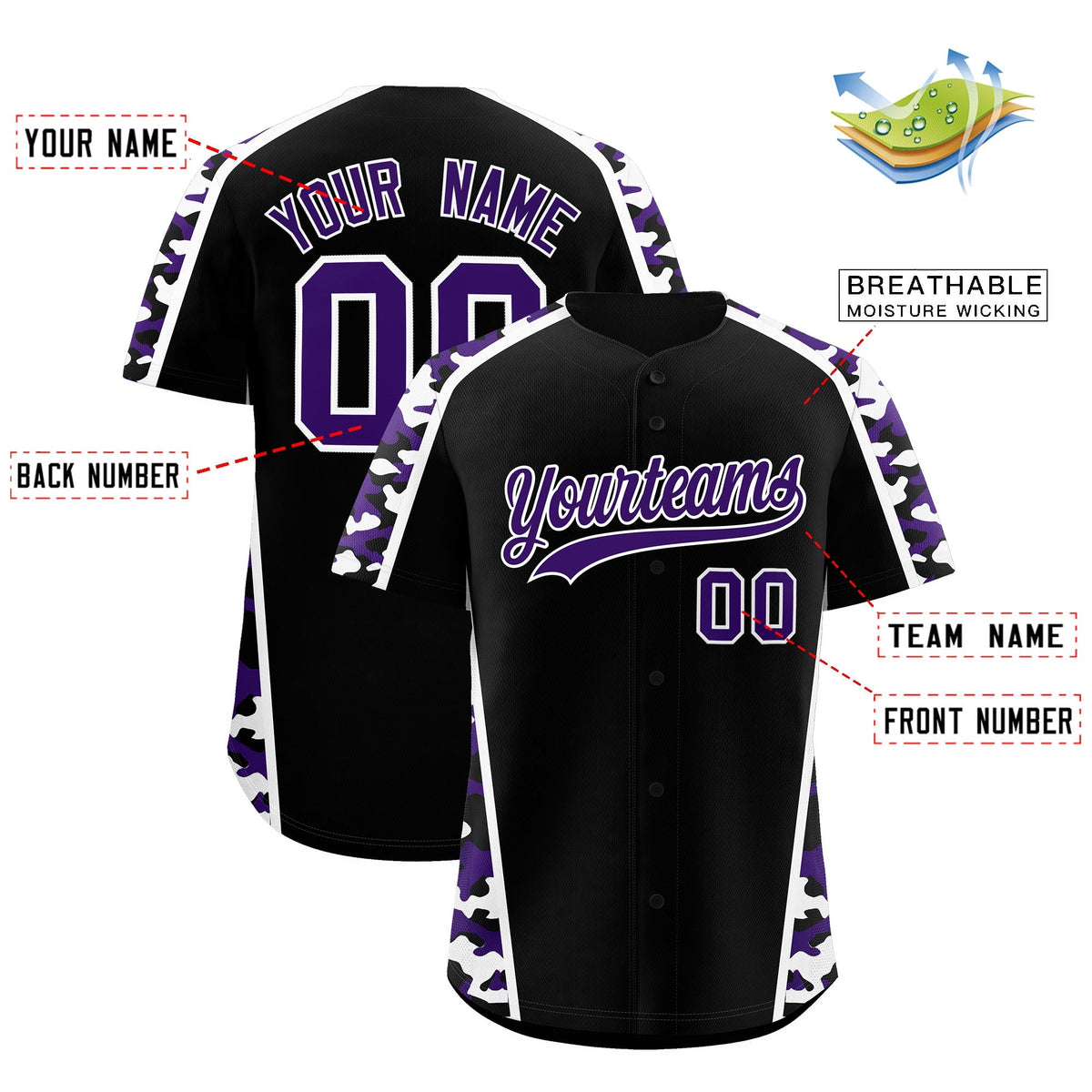 Custom Black Purple Side Camo Style Personalization Baseball Jersey| KXKSHOP
