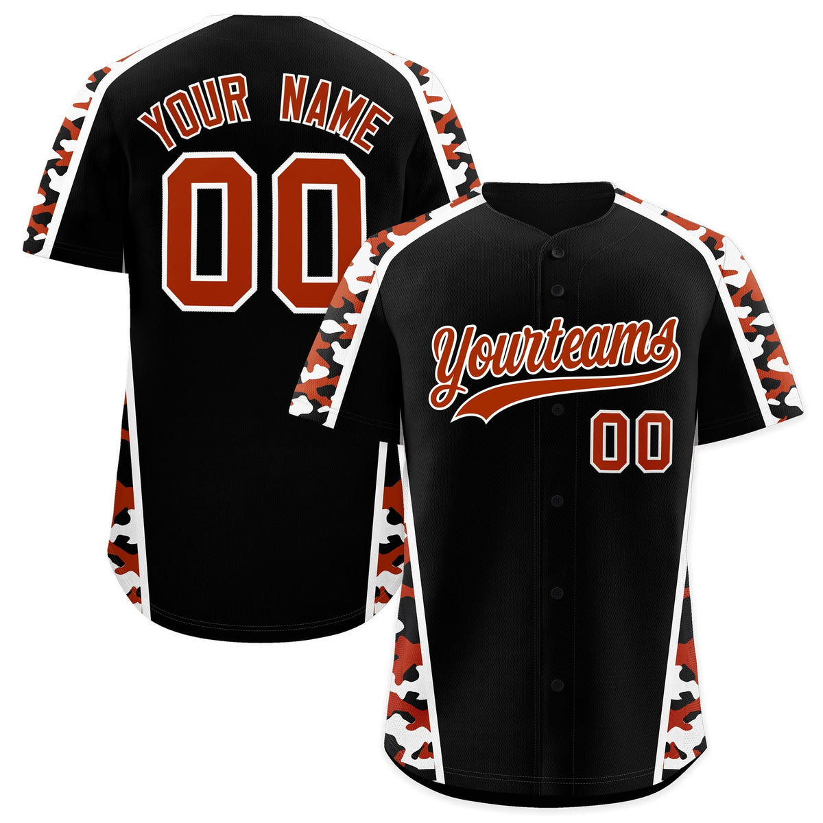 Custom Black Dark Orange Side Camo Style Personalization Baseball Jersey| KXKSHOP