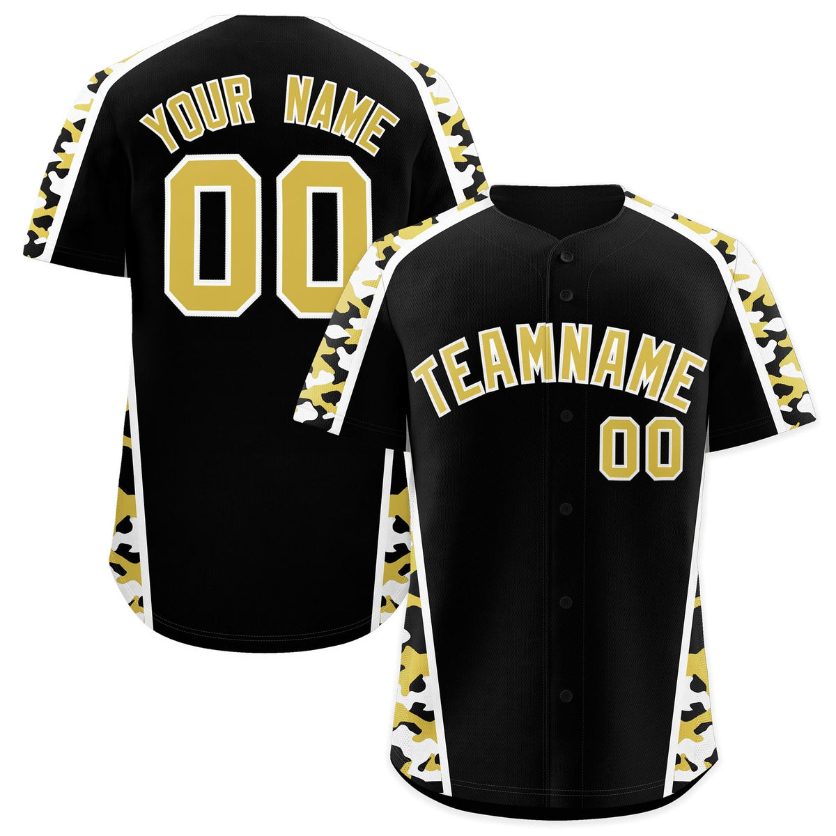 Custom Black Old Gold Side Camo Style Personalization Baseball Jersey| KXKSHOP