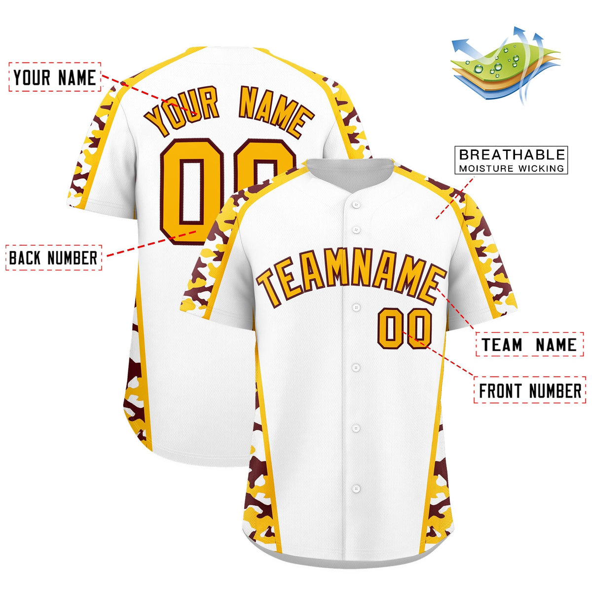 Custom White Yellow Side Camo Style Personalization Baseball Jersey| KXKSHOP