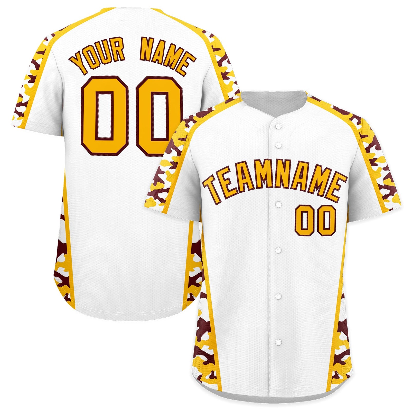 Custom White Yellow Side Camo Style Personalization Baseball Jersey| KXKSHOP
