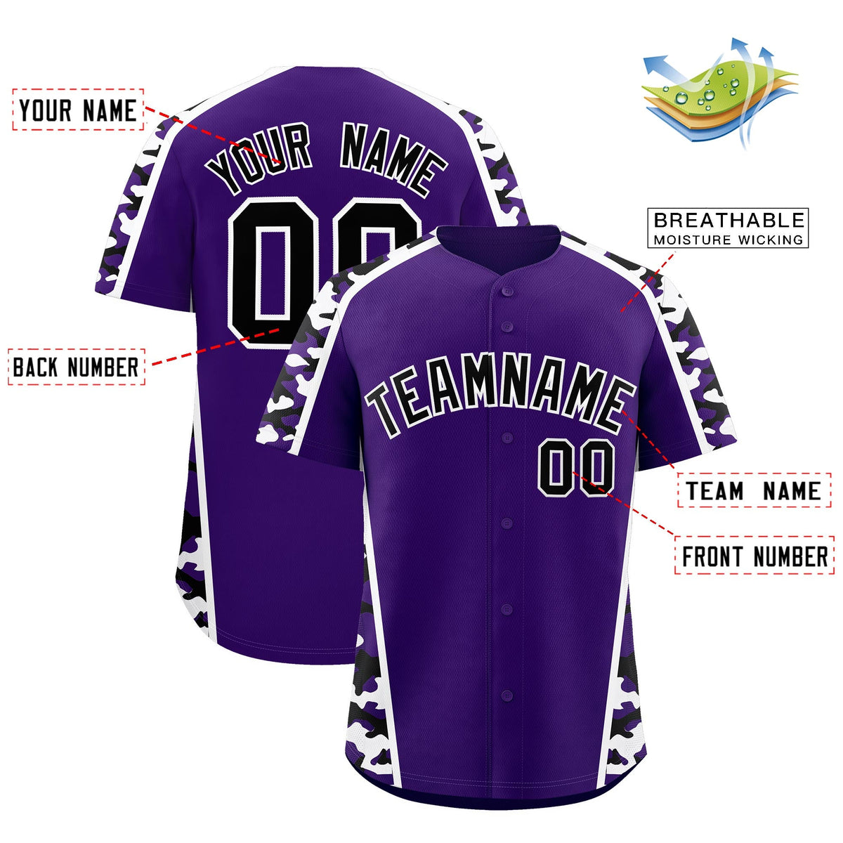 Custom Purple Black Side Camo Style Personalization Baseball Jersey| KXKSHOP